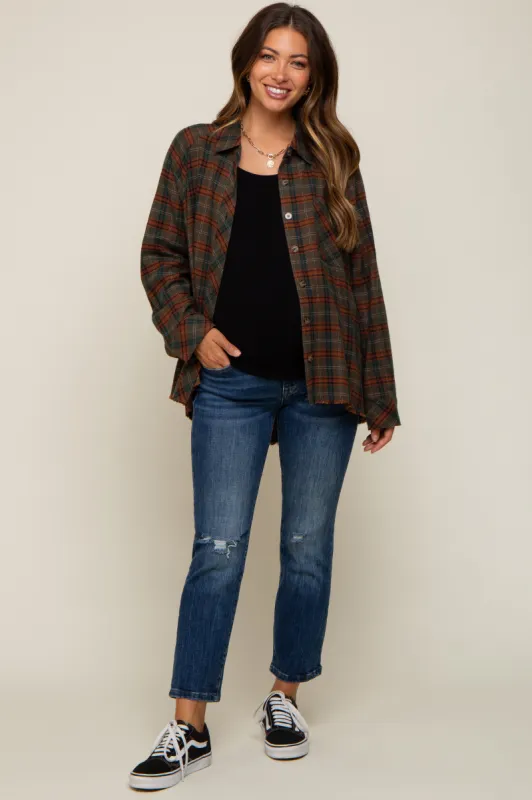 Olive Plaid Button Down Raw Edge Maternity Flannel Top sold by Pinkblush