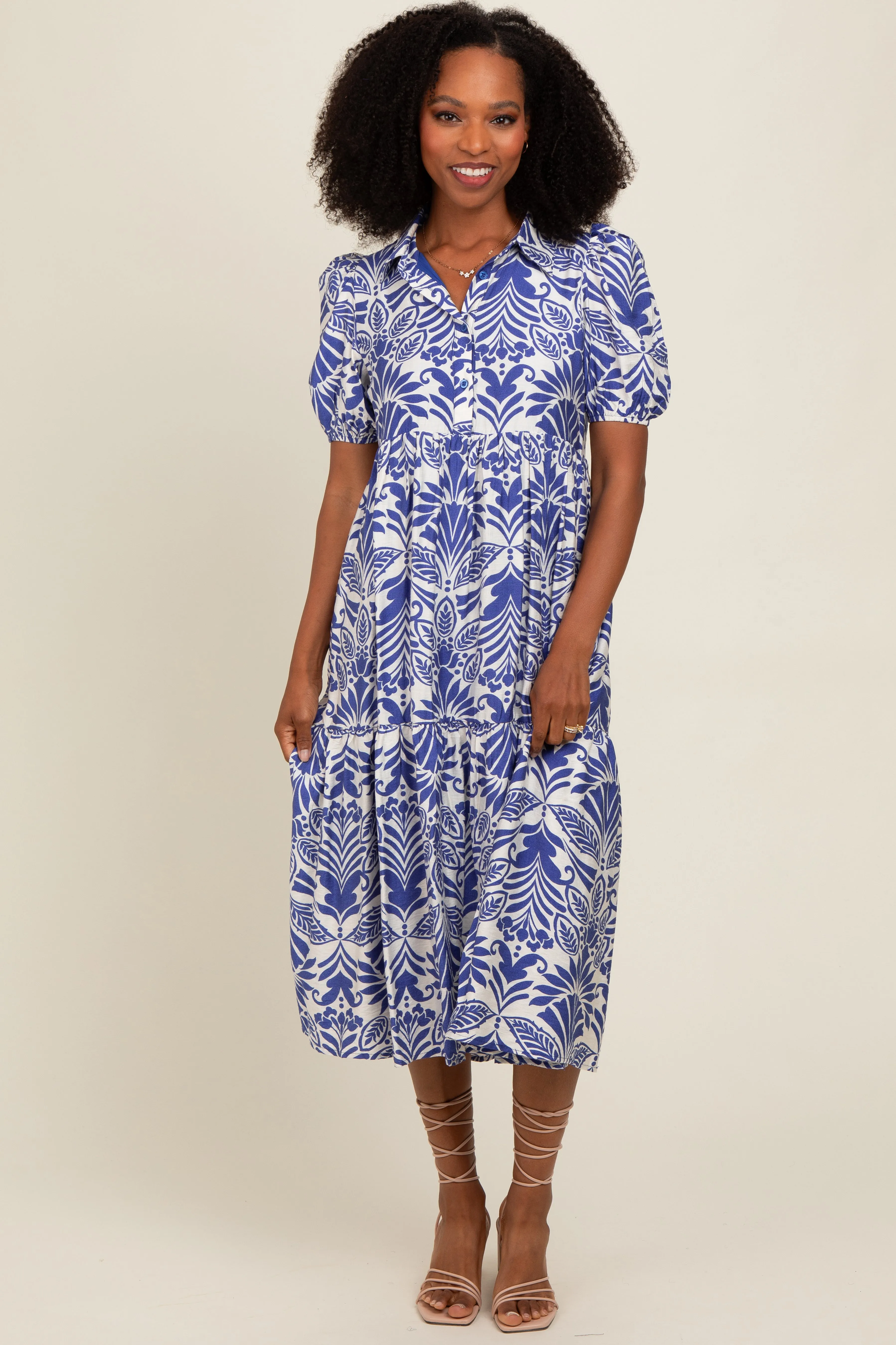 Royal Blue Damask Print Button Down Maternity Midi Dress sold by Pinkblush product image thumbnail 5