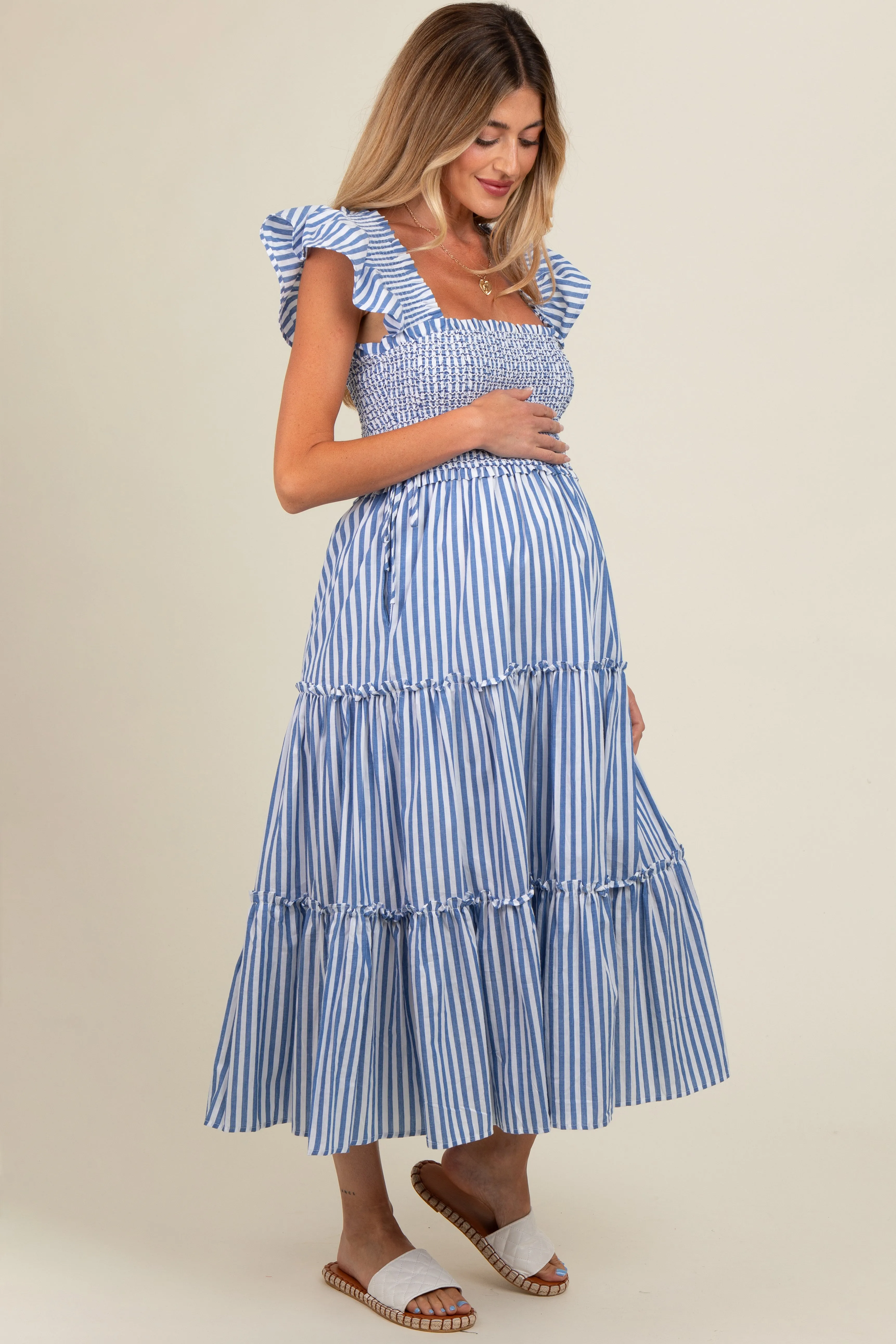 Blue Striped Smocked Ruffle Tiered Maternity Midi Dress sold by Pinkblush product image thumbnail 2
