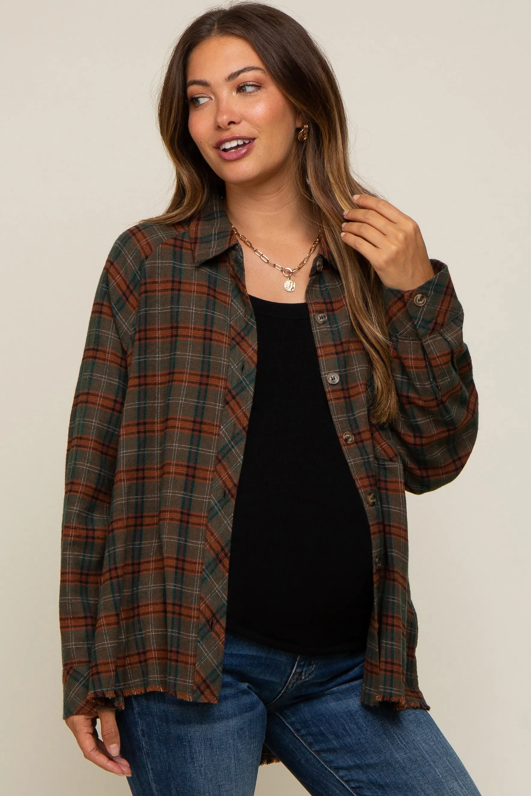 Olive Plaid Button Down Raw Edge Maternity Flannel Top sold by Pinkblush product image thumbnail 2