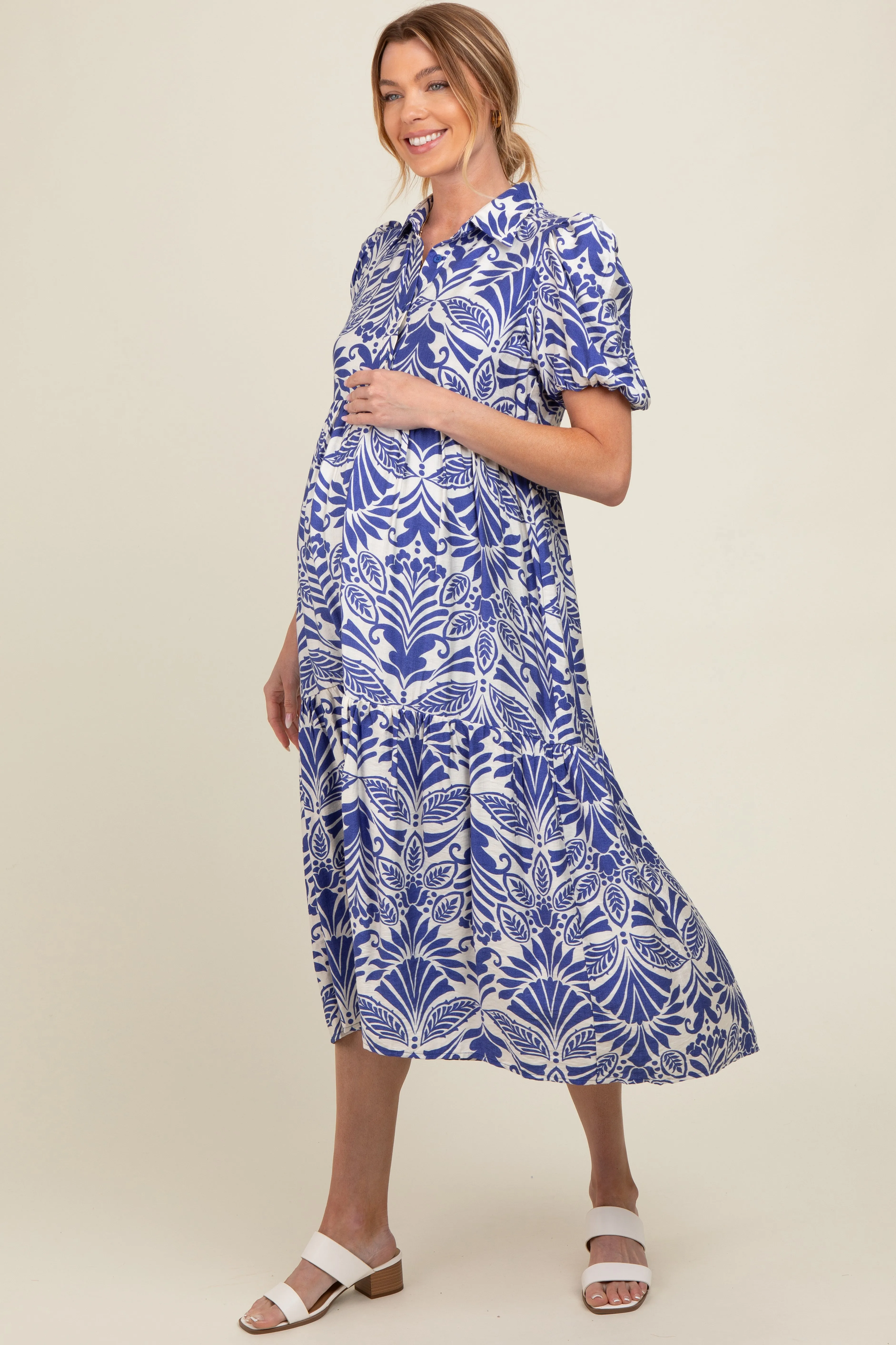 Royal Blue Damask Print Button Down Maternity Midi Dress sold by Pinkblush product image thumbnail 3