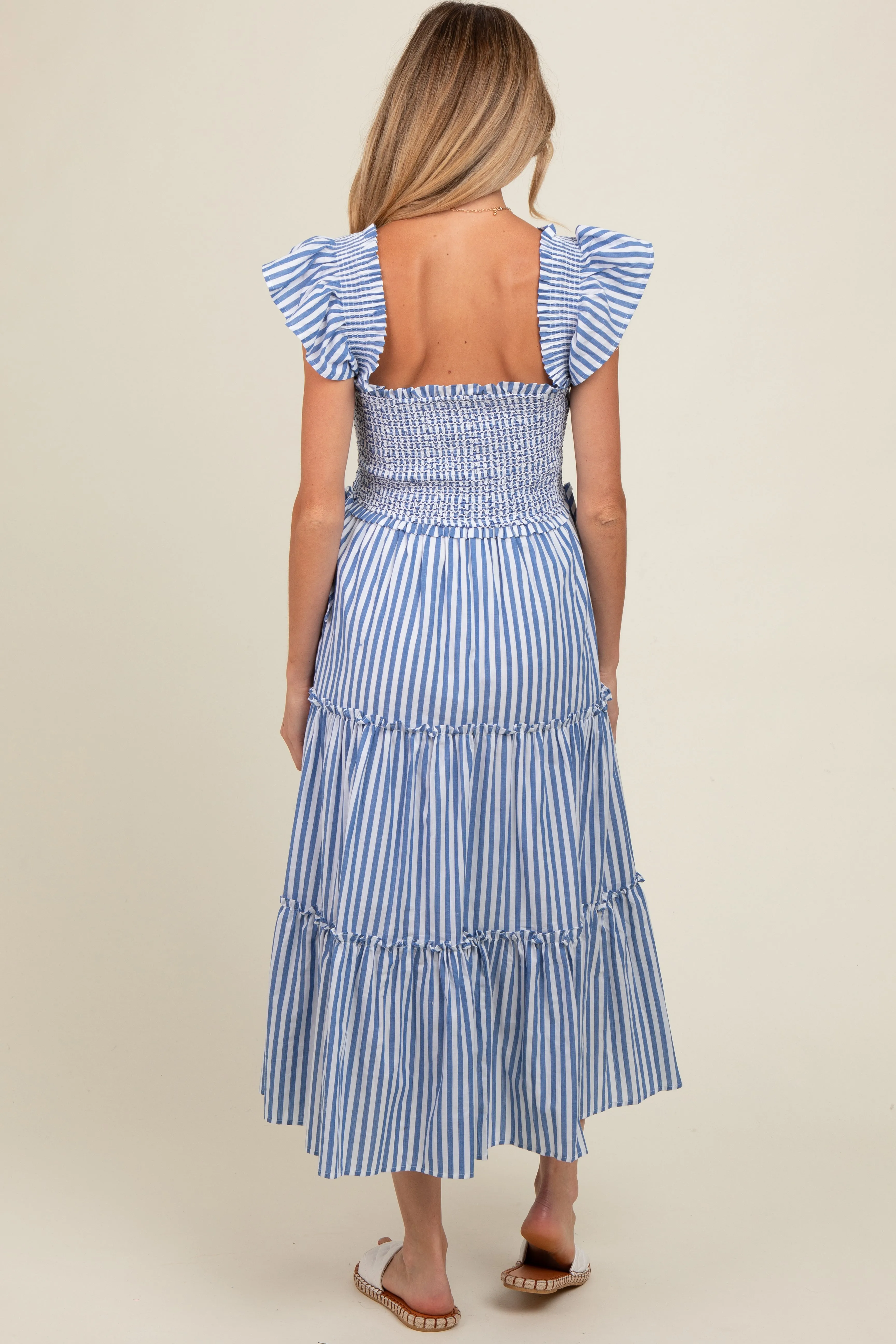 Blue Striped Smocked Ruffle Tiered Maternity Midi Dress sold by Pinkblush product image thumbnail 3
