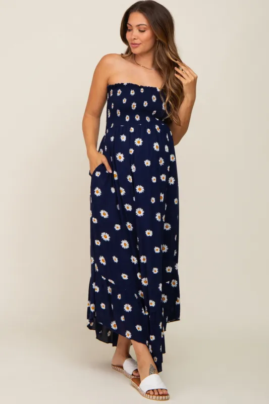 Navy Daisy Smocked Strapless Maternity Midi Dress sold by Pinkblush