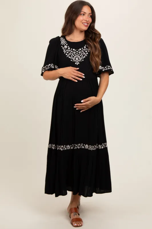 Black Embroidered V-Back Ruffle Maternity Midi Dress sold by Pinkblush