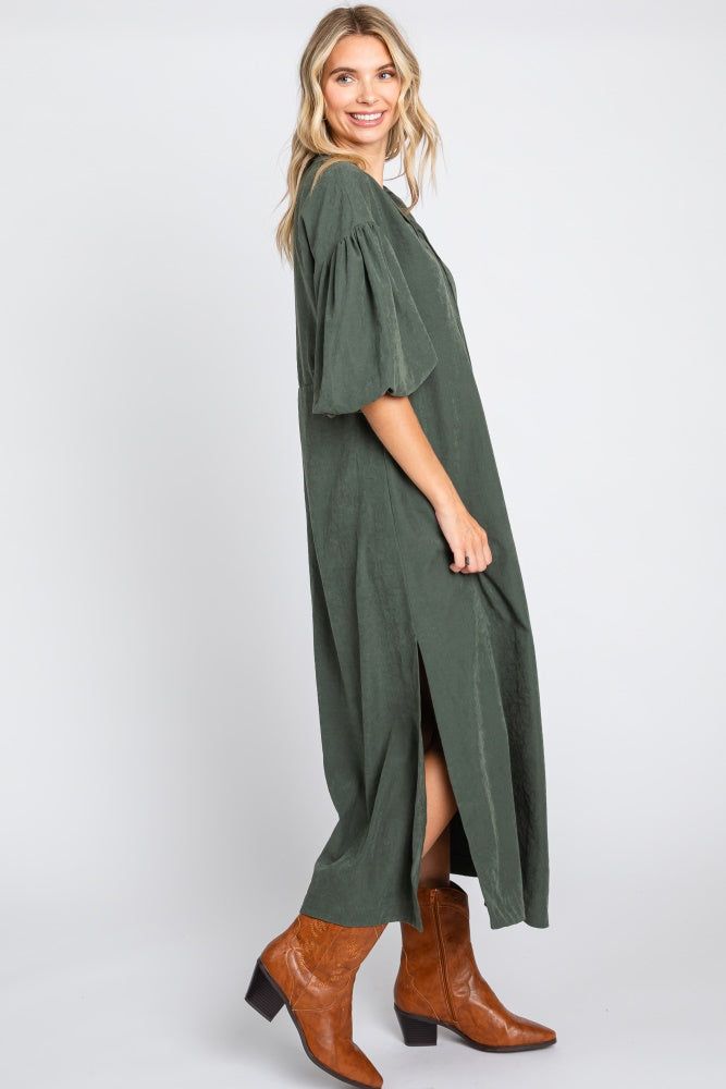 Forest Green Lace Up 3/4 Sleeve Side Slit Maxi Dress sold by Pinkblush product image thumbnail 2