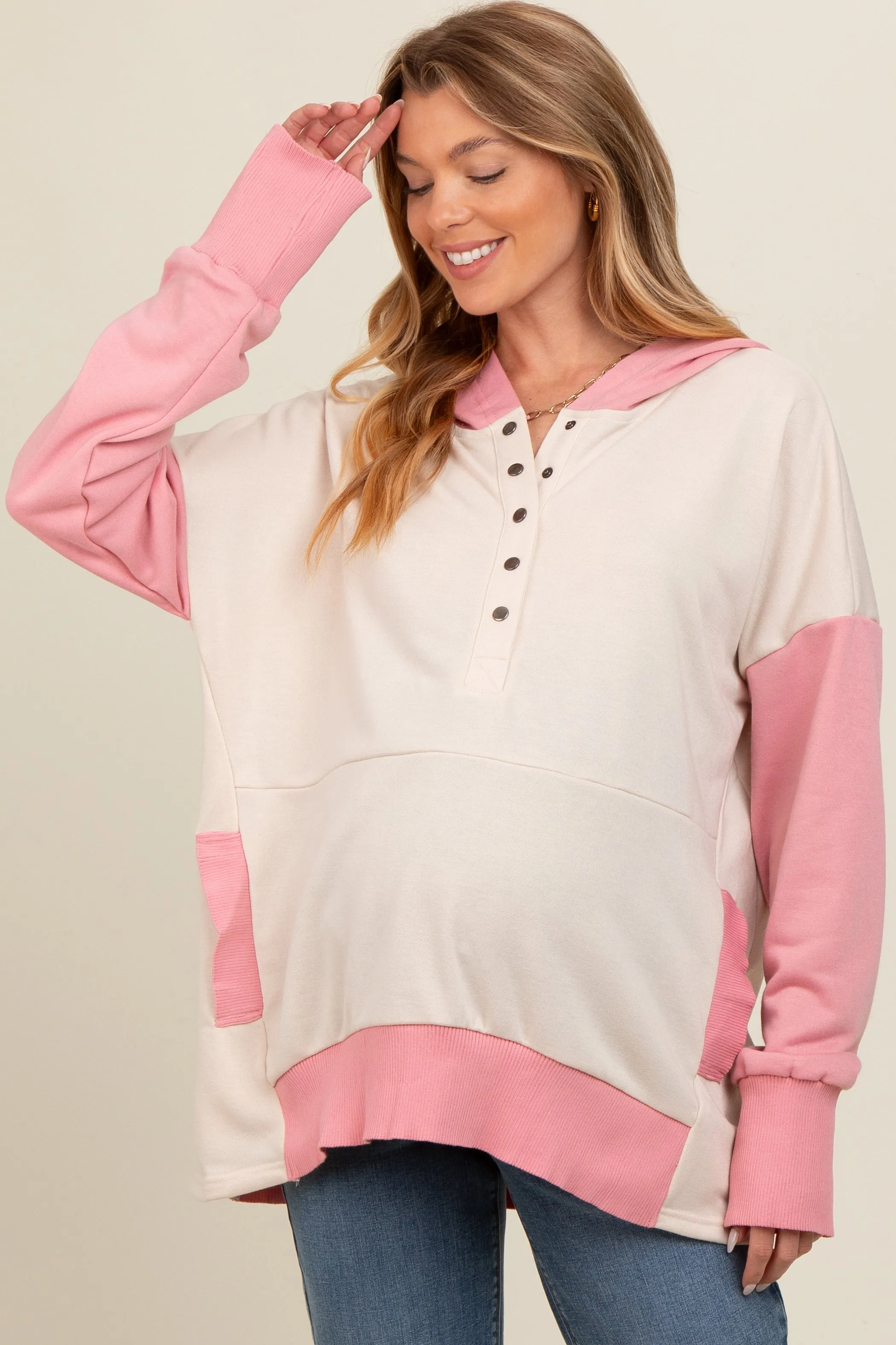 Beige Colorblock Relaxed Fit Maternity Hoodie sold by Pinkblush