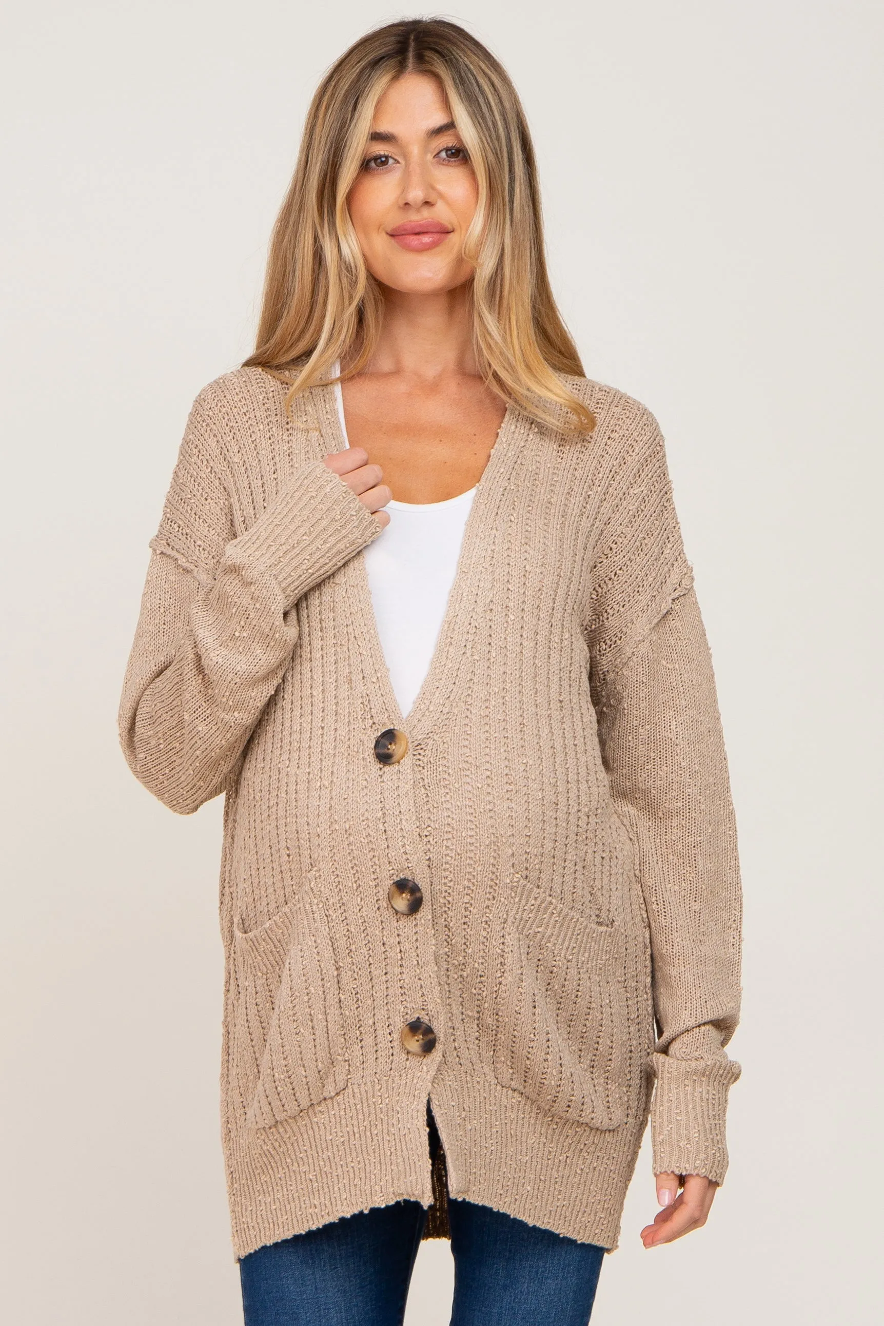 Beige Oversized Textured Knit Maternity Cardigan sold by Pinkblush