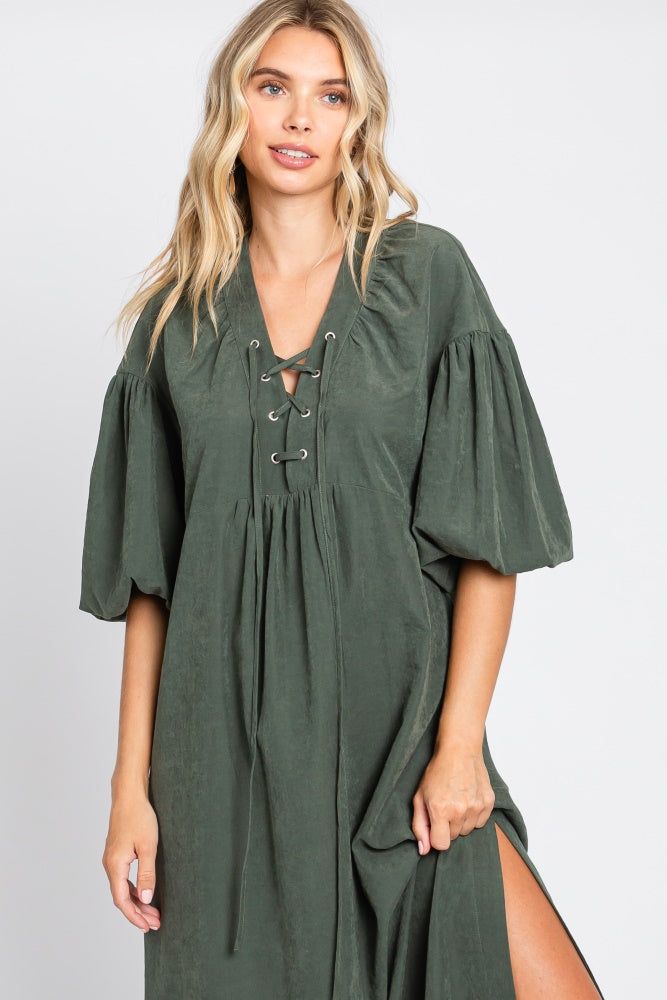 Forest Green Lace Up 3/4 Sleeve Side Slit Maxi Dress sold by Pinkblush product image thumbnail 4