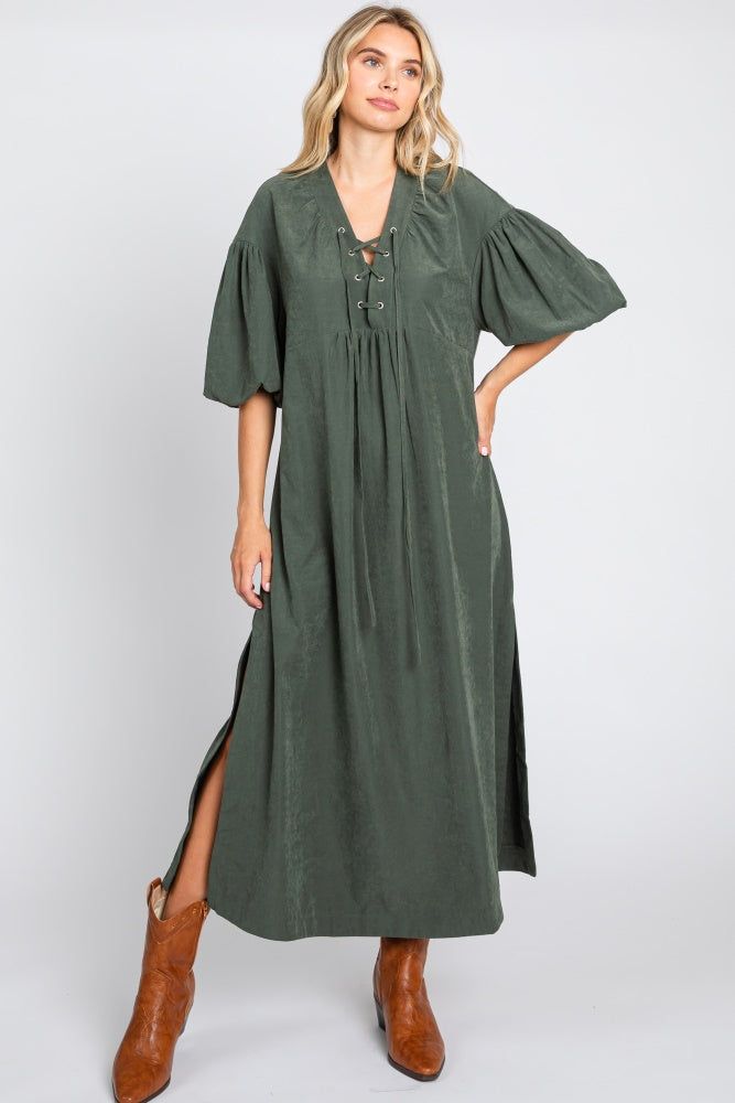 Forest Green Lace Up 3/4 Sleeve Side Slit Maxi Dress sold by Pinkblush