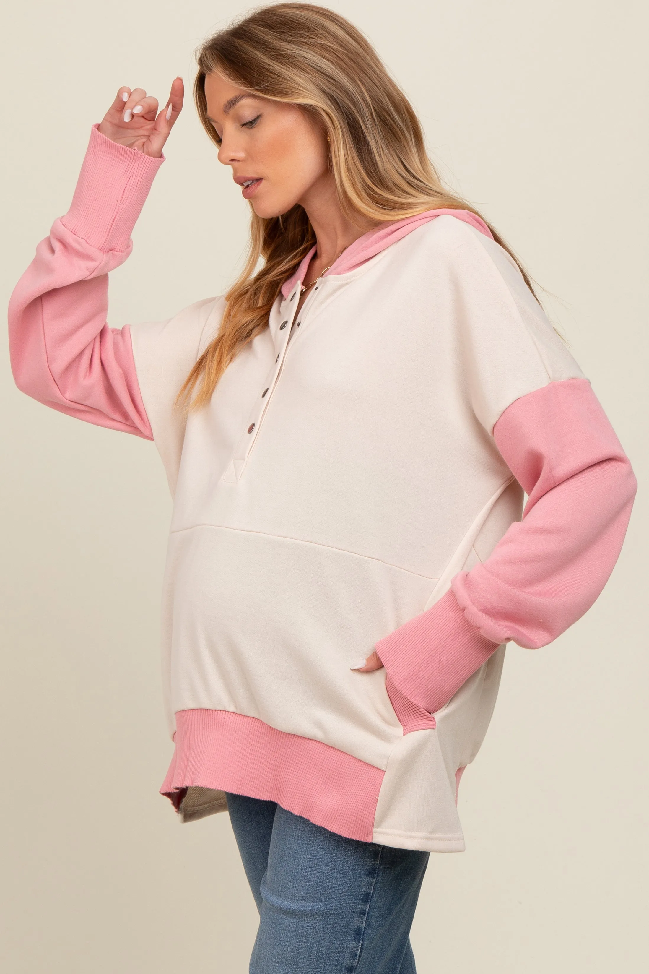 Beige Colorblock Relaxed Fit Maternity Hoodie sold by Pinkblush product image thumbnail 2