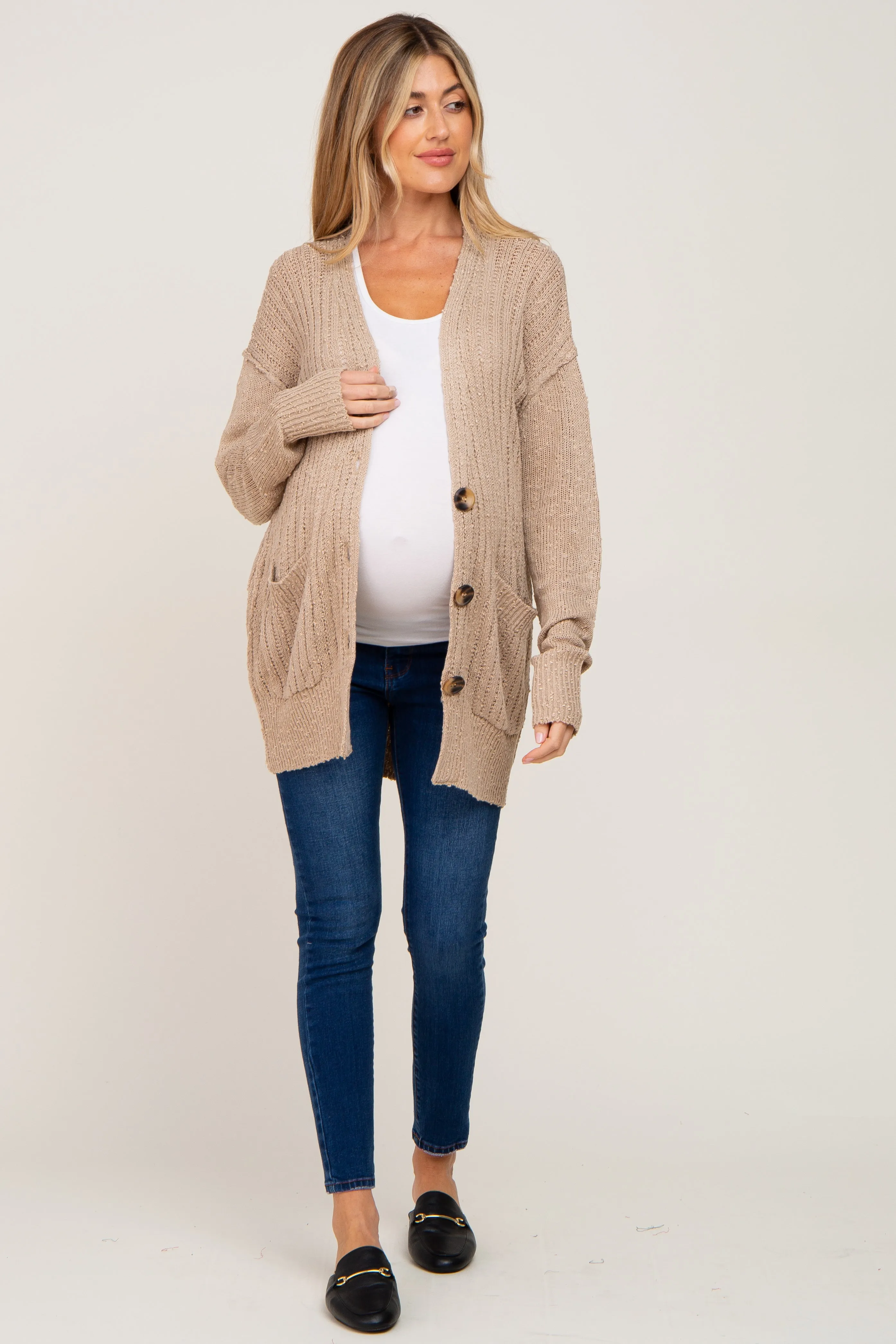 Beige Oversized Textured Knit Maternity Cardigan sold by Pinkblush product image thumbnail 2