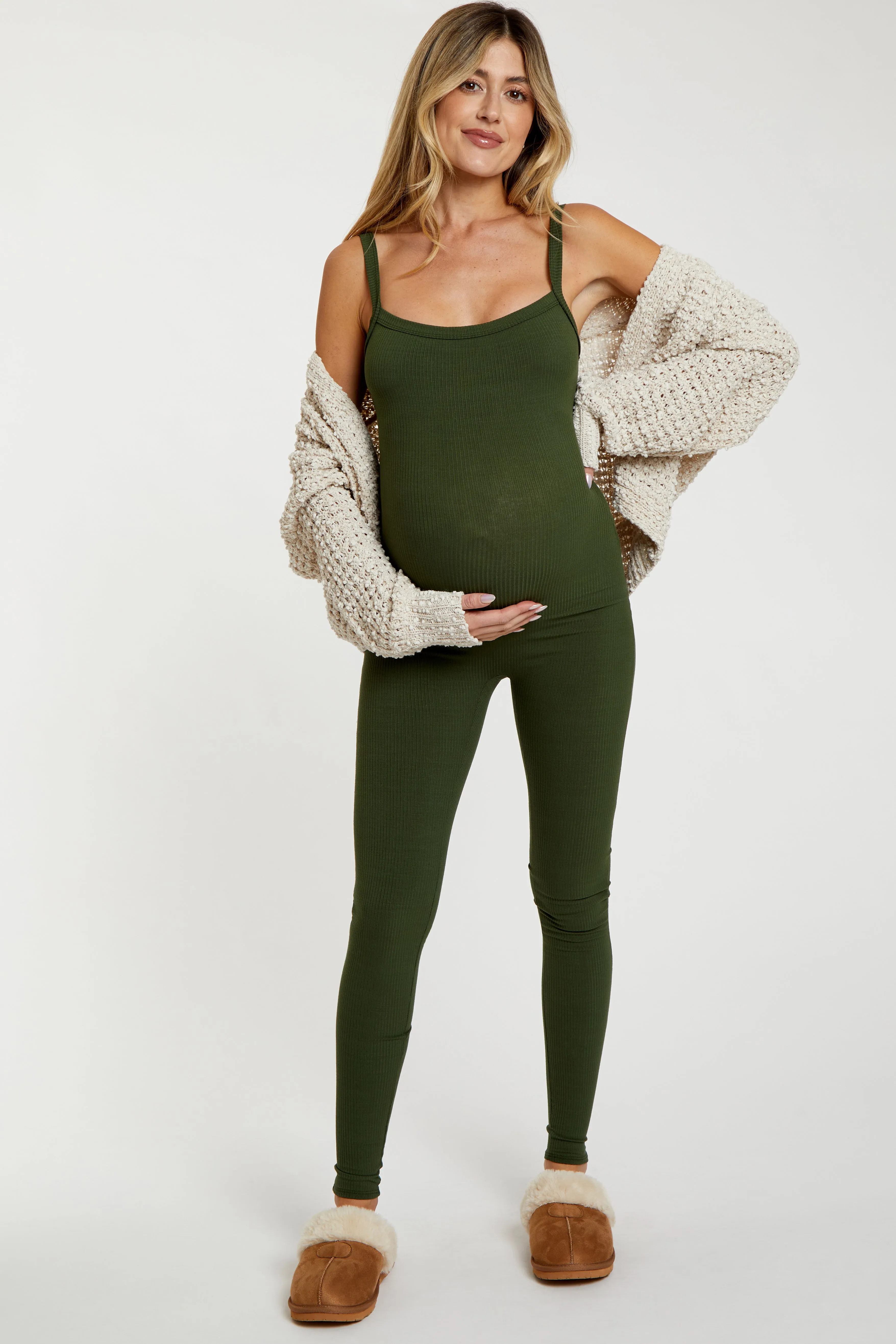 Olive Ribbed Sleeveless Maternity Jumpsuit sold by Pinkblush