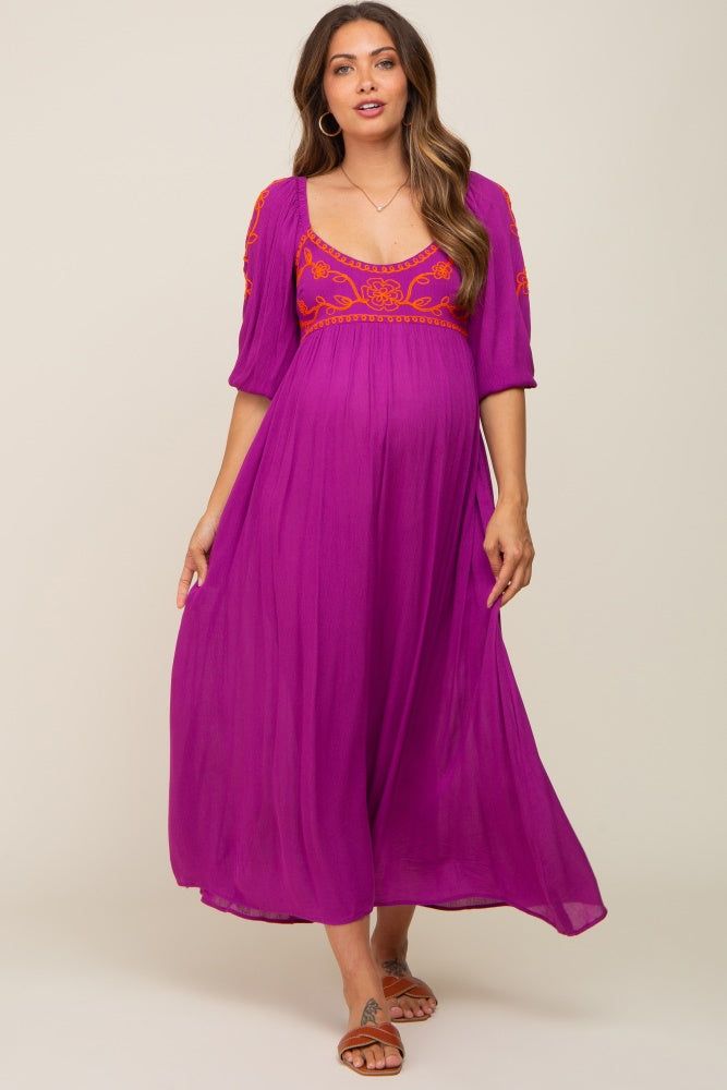 Magenta 3/4 Sleeve Embroidered Maternity Maxi Dress sold by Pinkblush product image thumbnail 4
