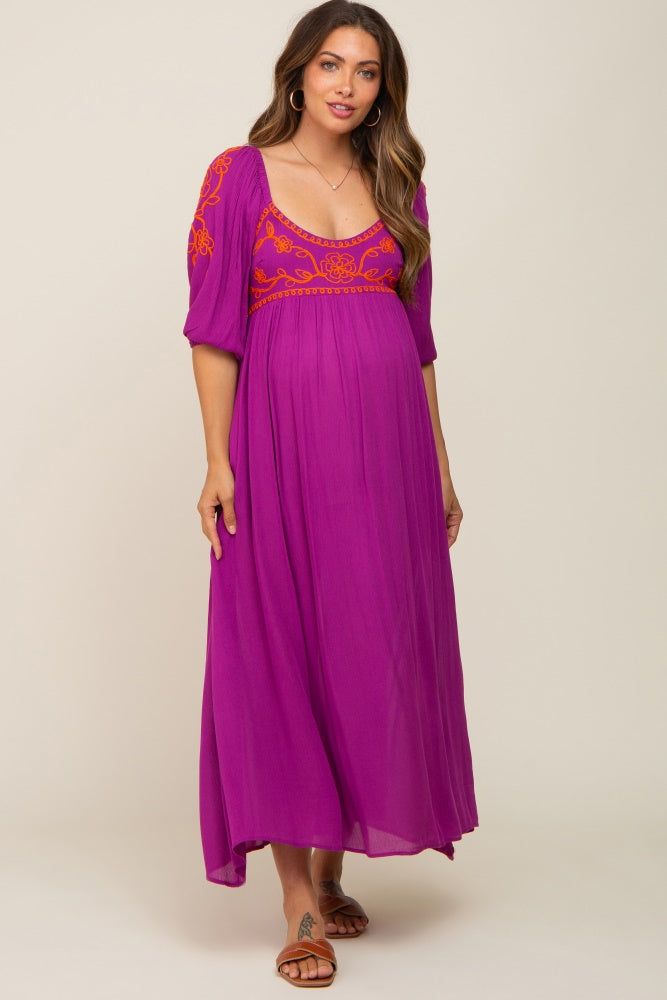 Magenta 3/4 Sleeve Embroidered Maternity Maxi Dress sold by Pinkblush