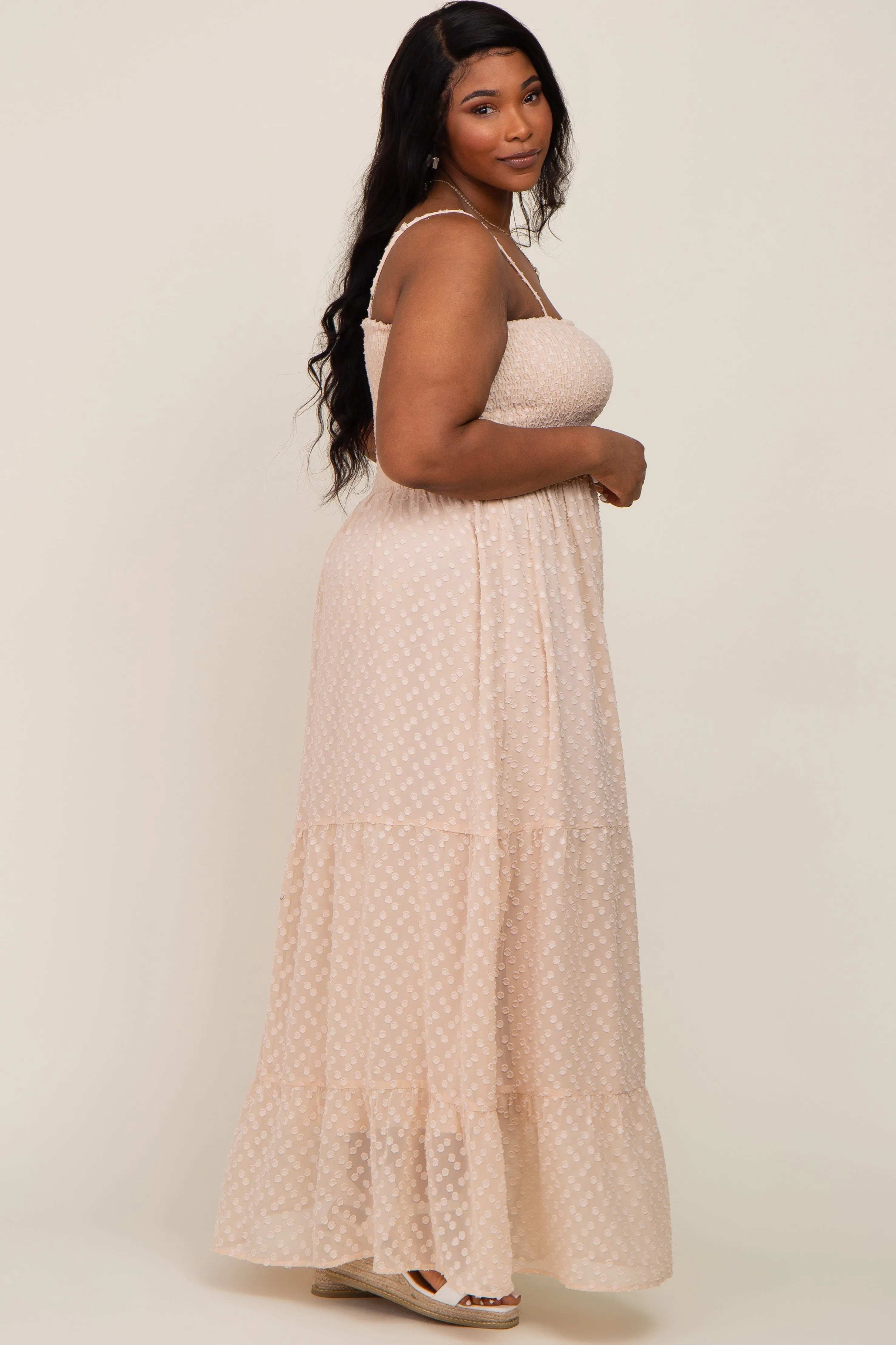 Beige Textured Dot Chiffon Sleeveless Plus Maxi Dress sold by Pinkblush product image thumbnail 2
