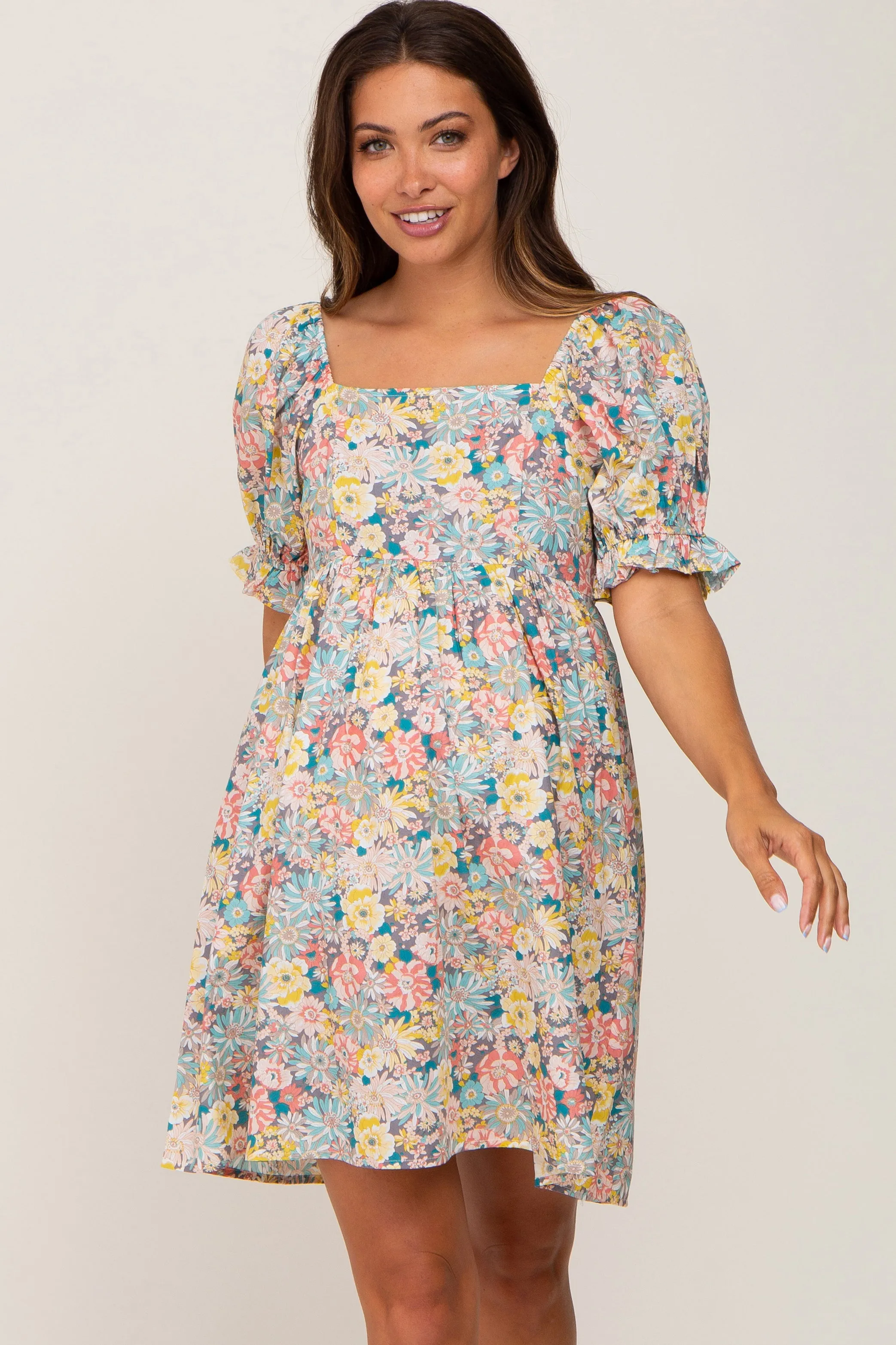 Yellow Floral Square Neck Short Puff Sleeve Maternity Dress sold by Pinkblush product image thumbnail 2