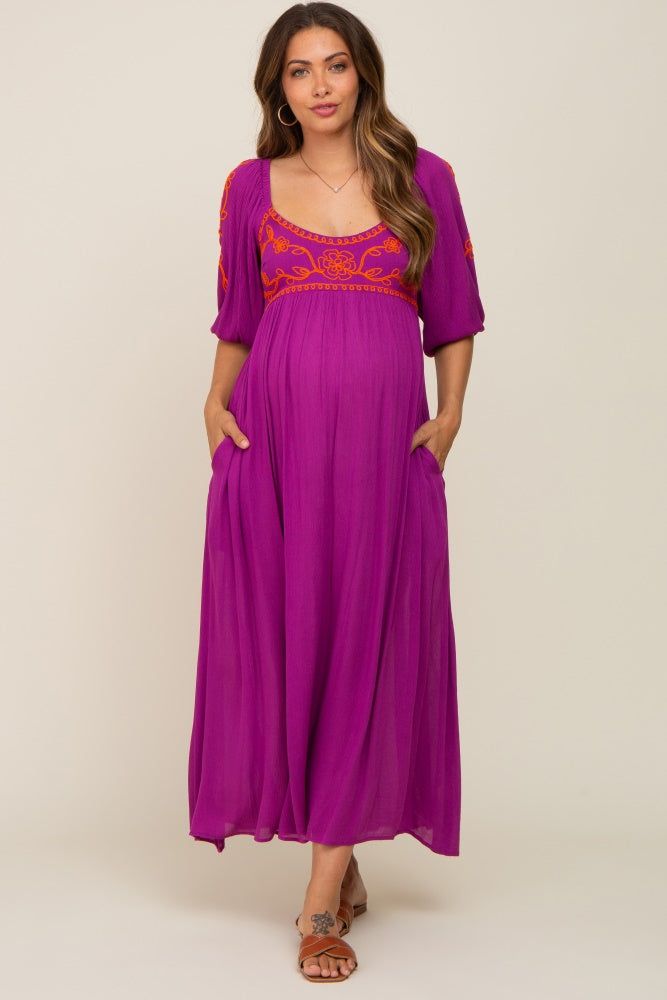 Magenta 3/4 Sleeve Embroidered Maternity Maxi Dress sold by Pinkblush product image thumbnail 5