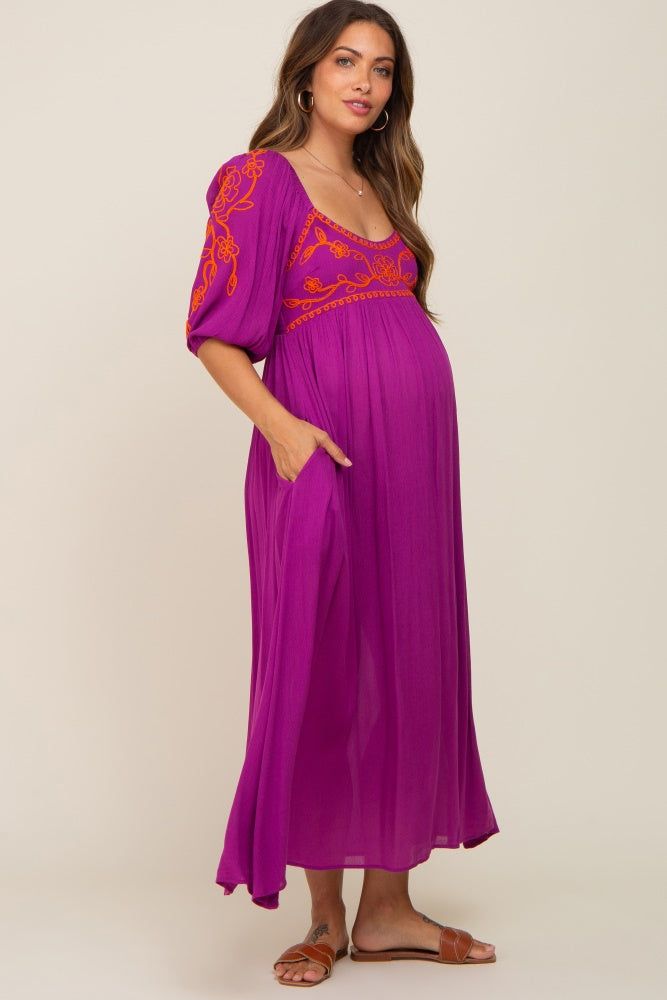 Magenta 3/4 Sleeve Embroidered Maternity Maxi Dress sold by Pinkblush product image thumbnail 2