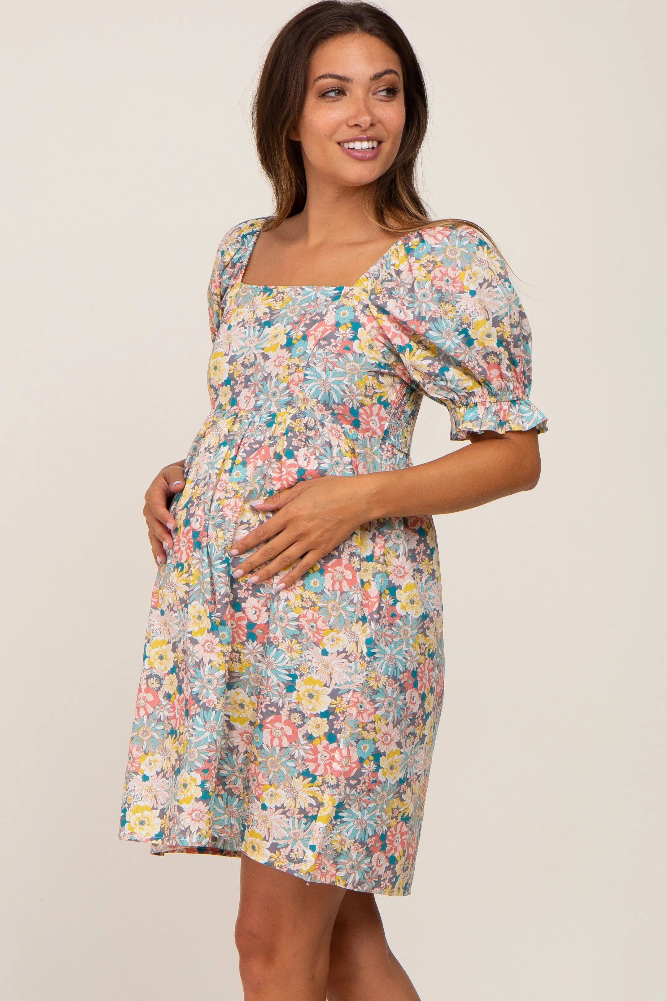 Yellow Floral Square Neck Short Puff Sleeve Maternity Dress sold by Pinkblush product image thumbnail 3