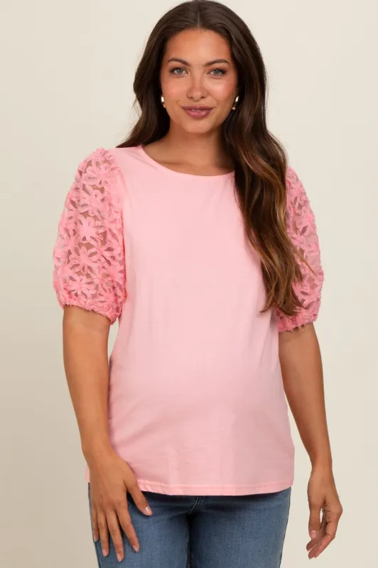 Light Pink Floral Mesh Sleeve Maternity Blouse sold by Pinkblush