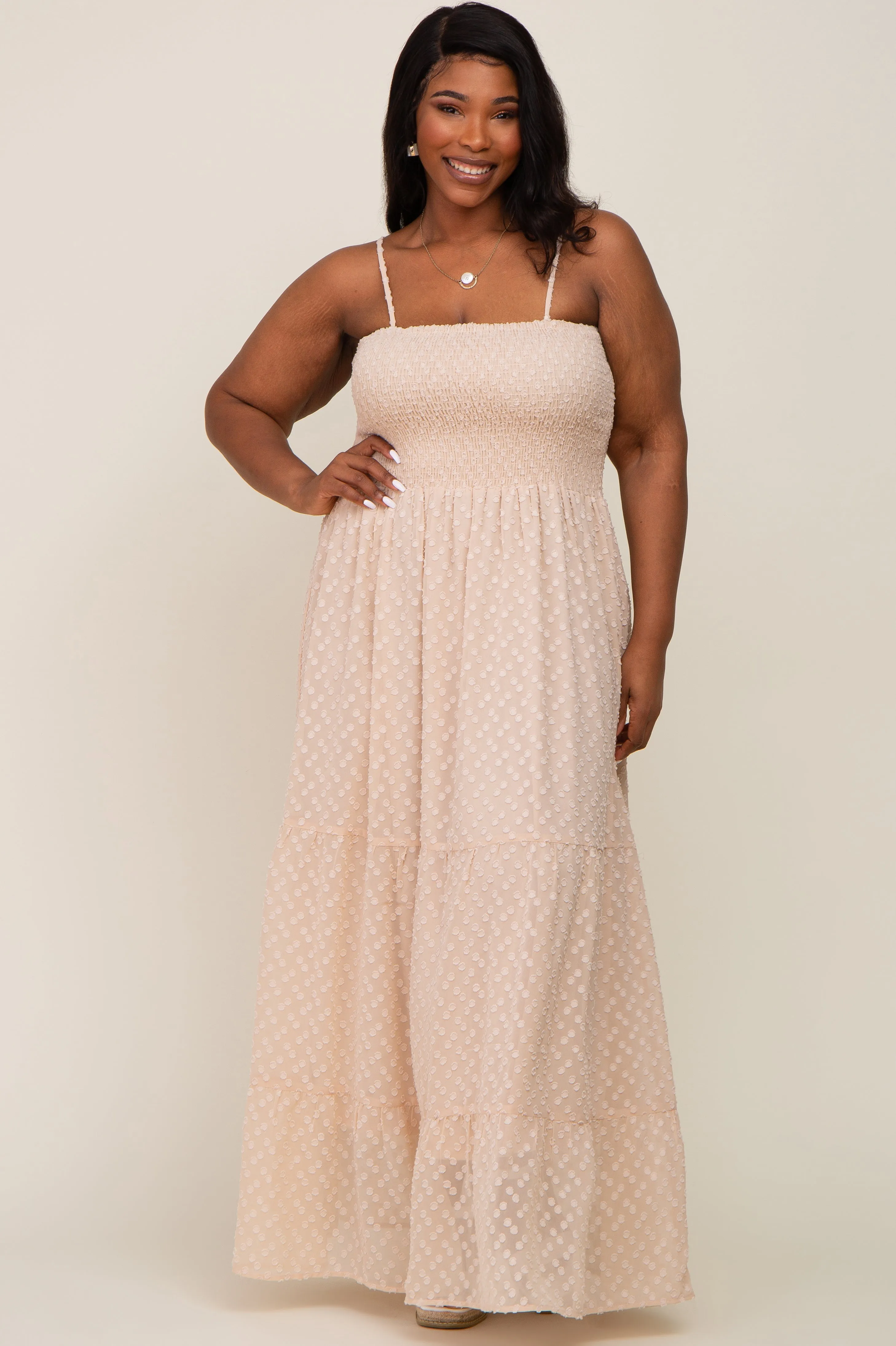 Beige Textured Dot Chiffon Sleeveless Plus Maxi Dress sold by Pinkblush product image thumbnail 4