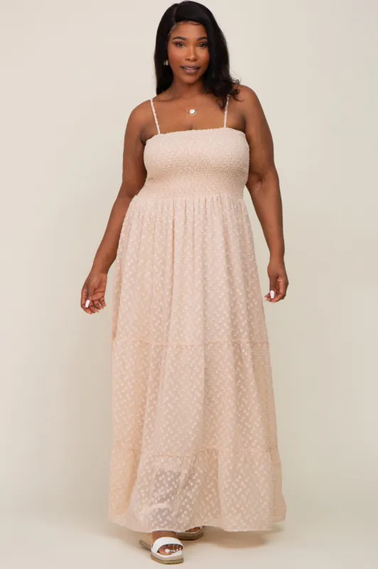 Beige Textured Dot Chiffon Sleeveless Plus Maxi Dress sold by Pinkblush