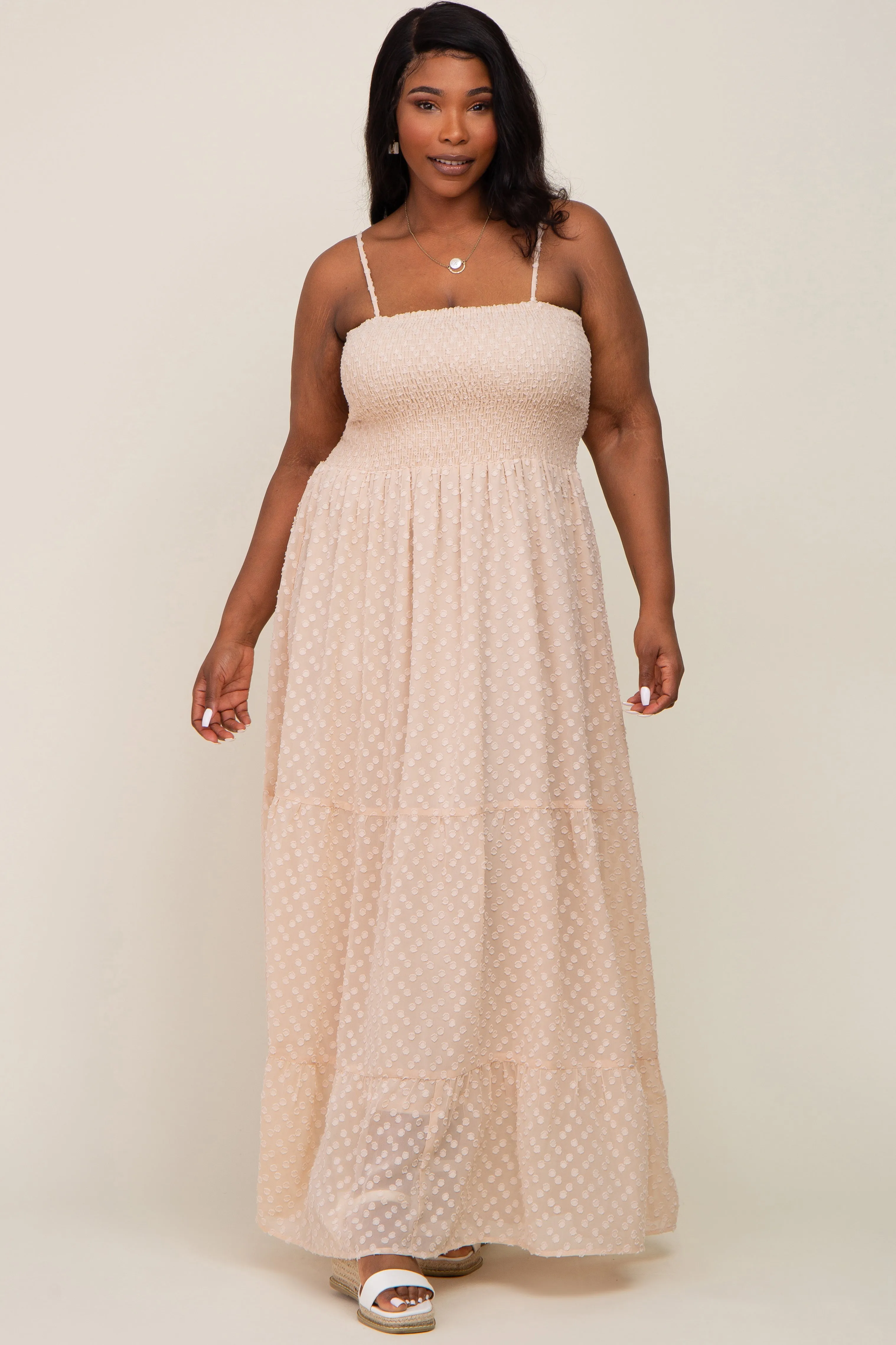 Beige Textured Dot Chiffon Sleeveless Plus Maxi Dress sold by Pinkblush