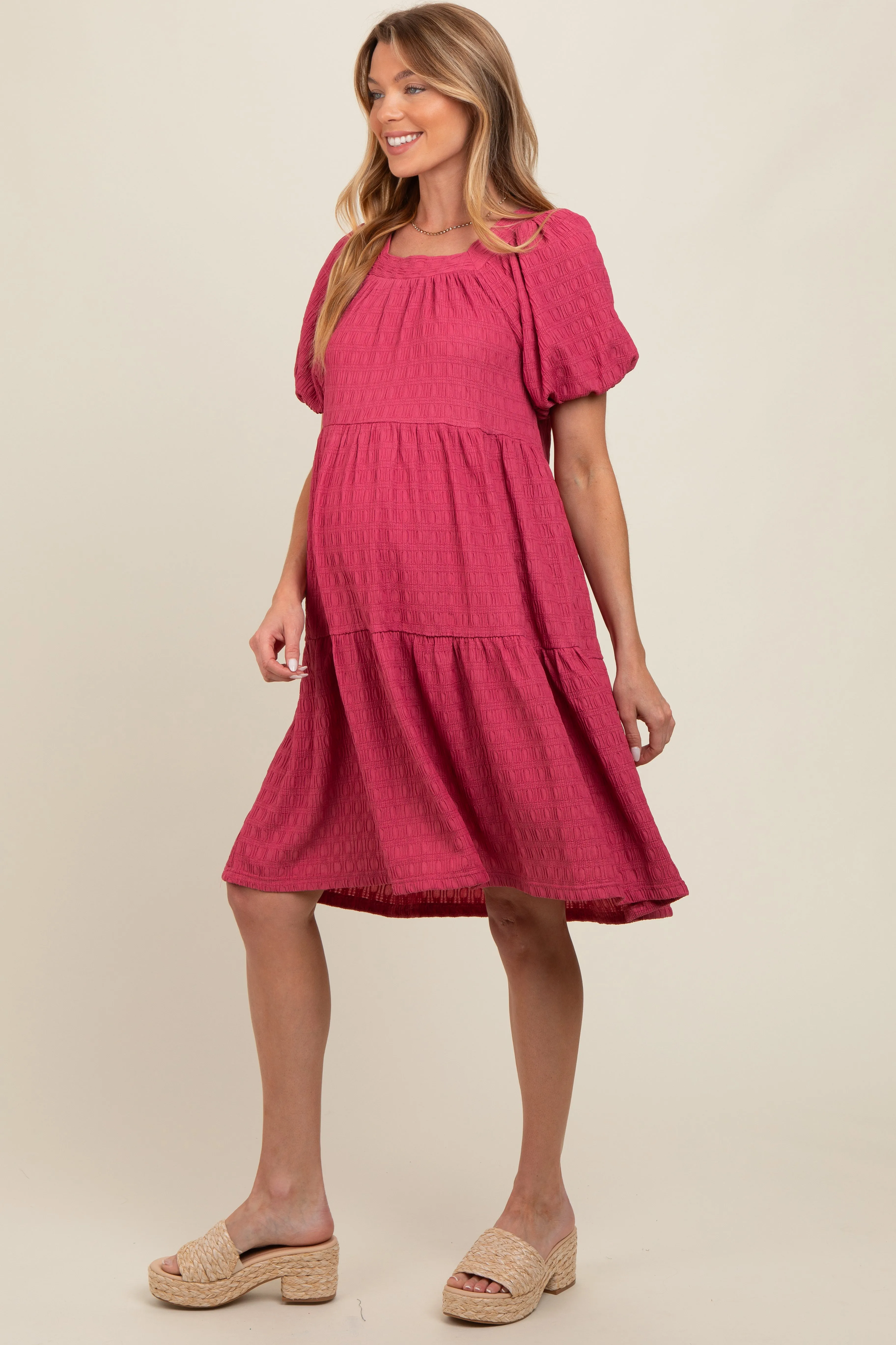 Pink Textured Tiered Puff Sleeve Maternity Dress sold by Pinkblush