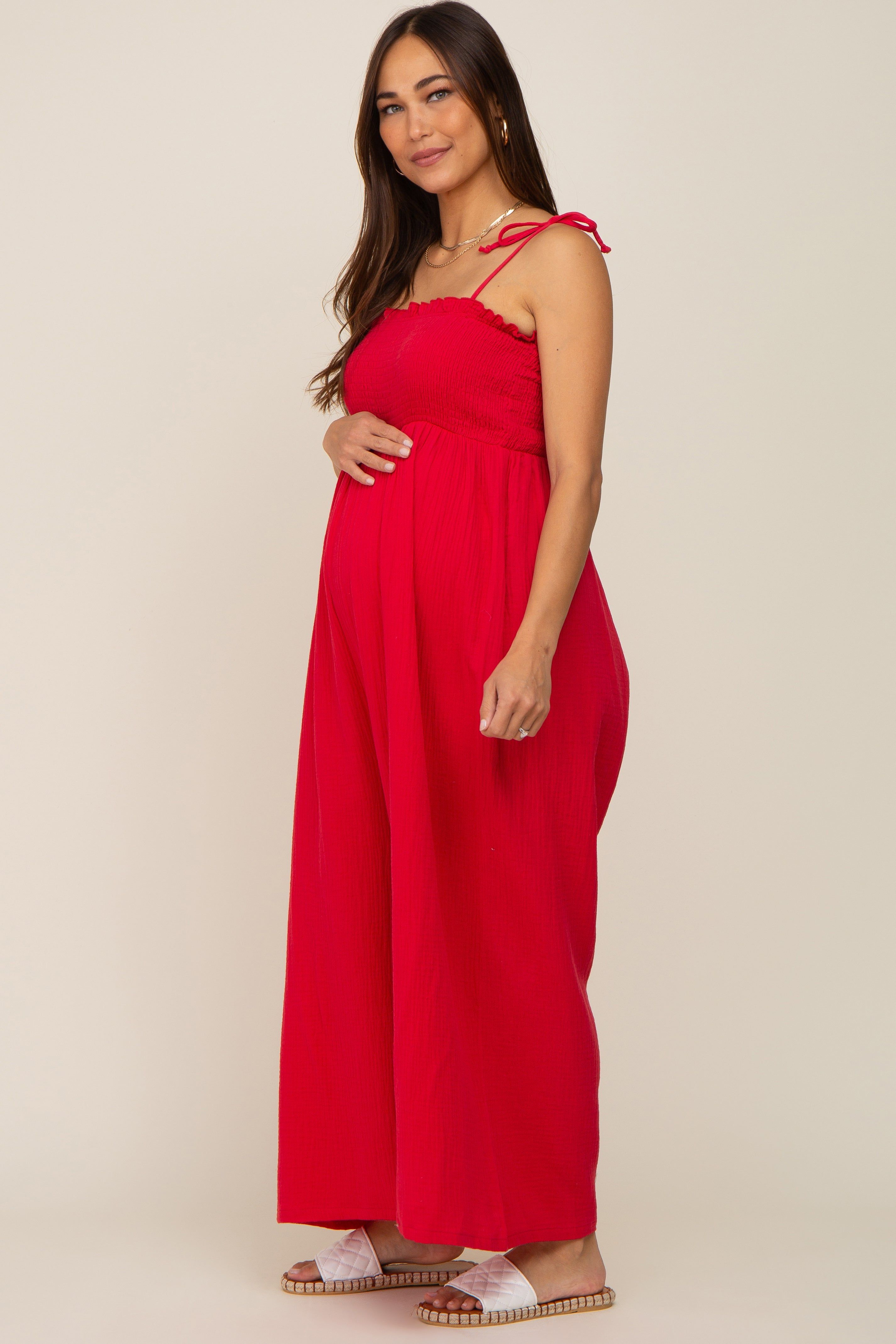 Red Sleeveless Cropped Maternity Jumpsuit sold by Pinkblush product image thumbnail 3