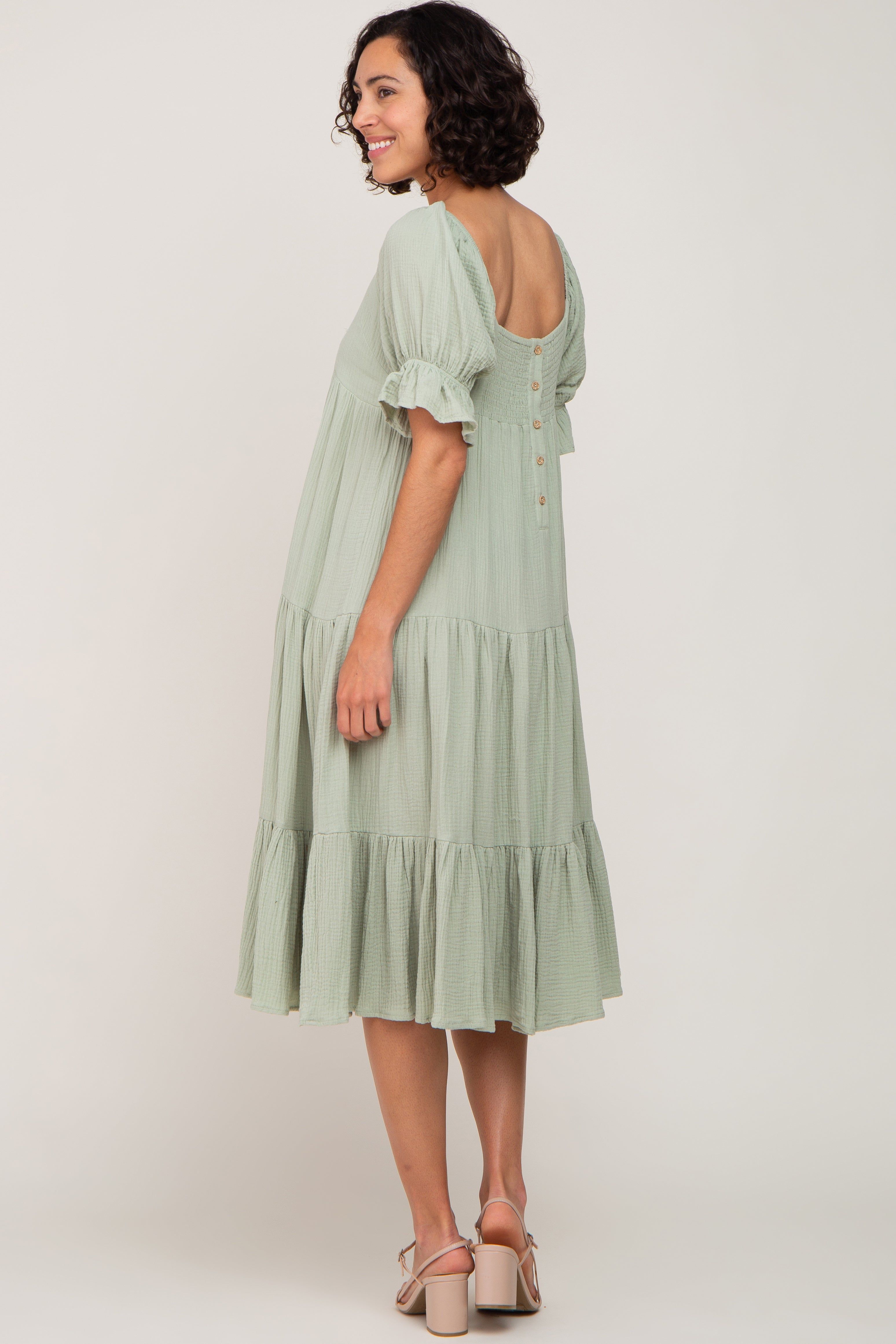 Mint Green Puff Sleeve Tiered Midi Dress sold by Pinkblush product image thumbnail 3