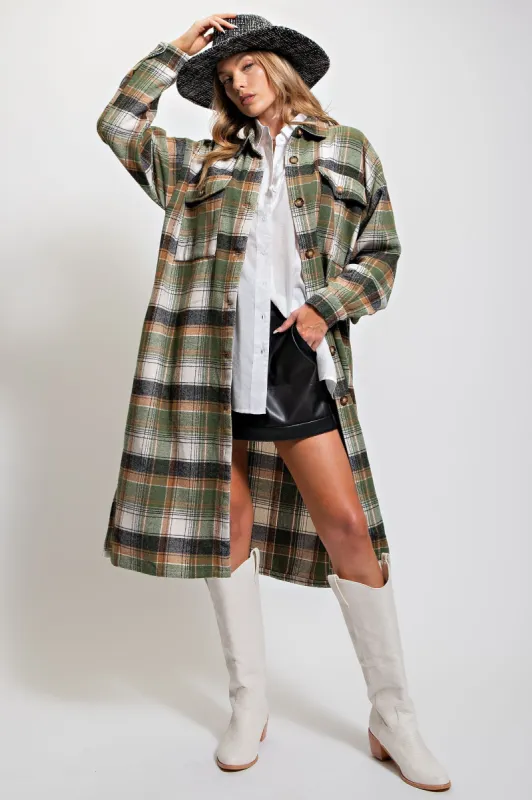 Olive Plaid Button Front Long Coat sold by Pinkblush