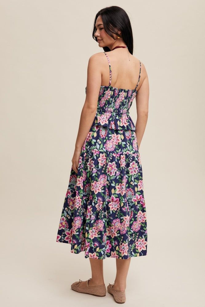 Navy Flower Print Ruched Tiered Maxi Dress sold by Pinkblush product image thumbnail 3