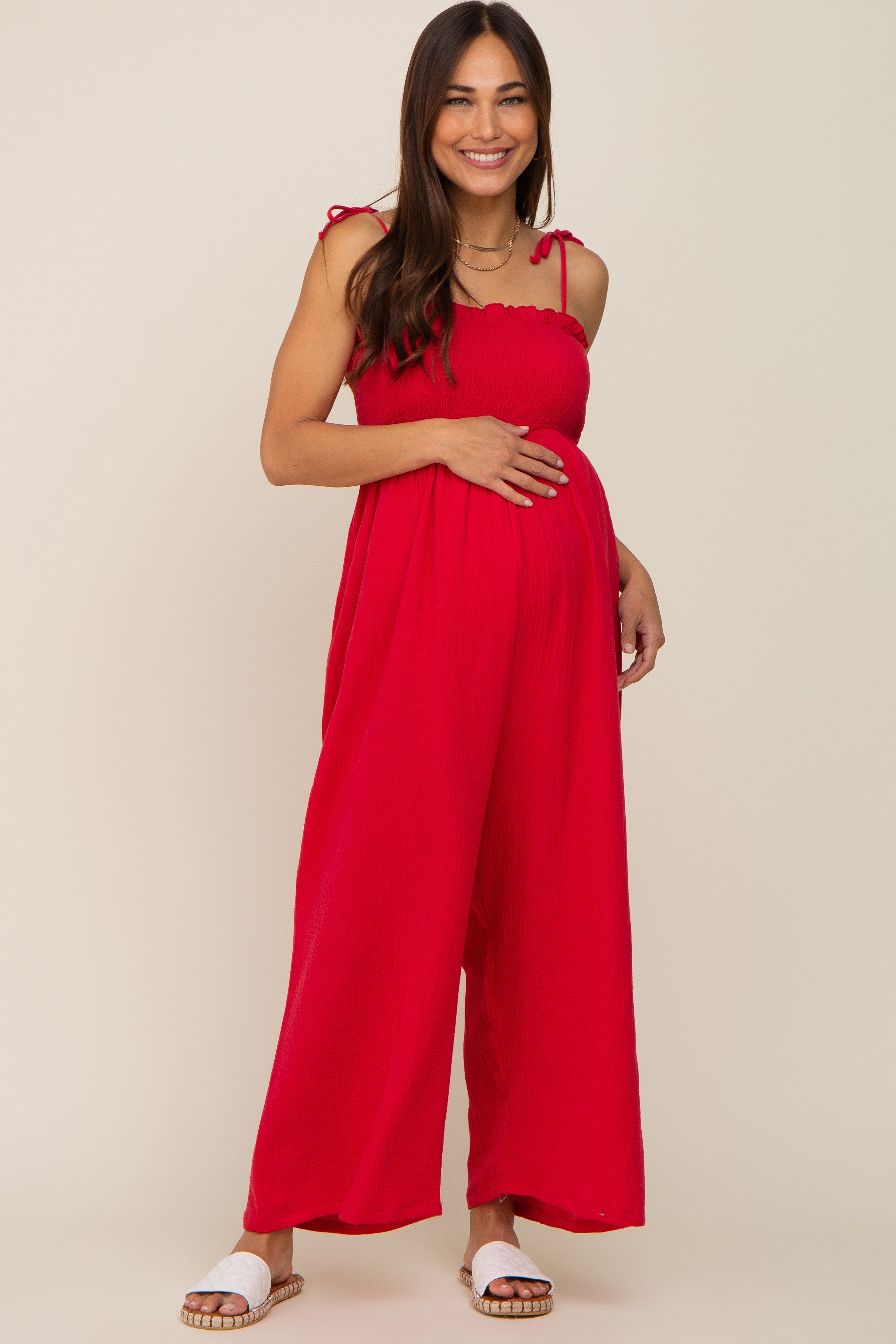 Red Sleeveless Cropped Maternity Jumpsuit sold by Pinkblush