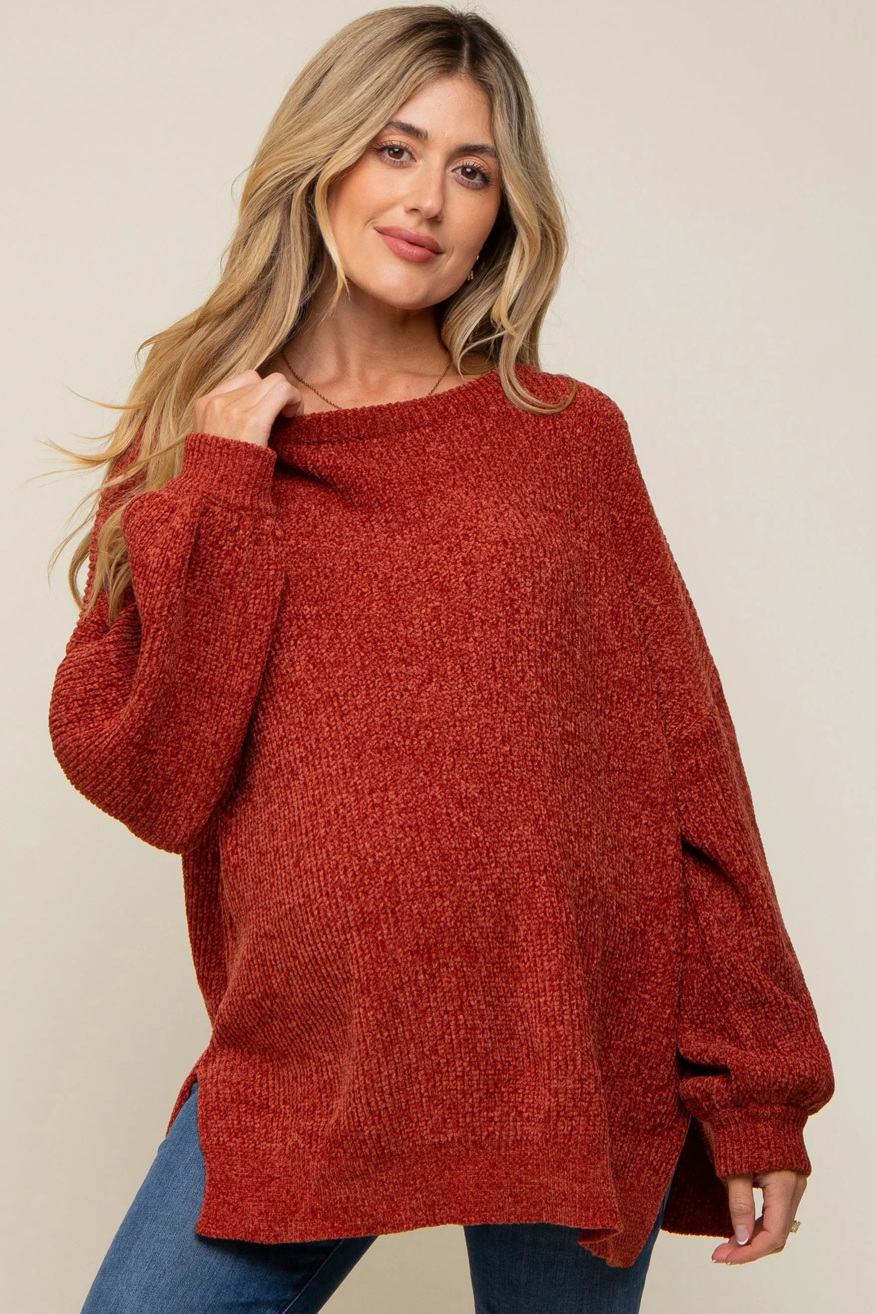 Rust Chenille Knit Balloon Sleeve Maternity Sweater sold by Pinkblush