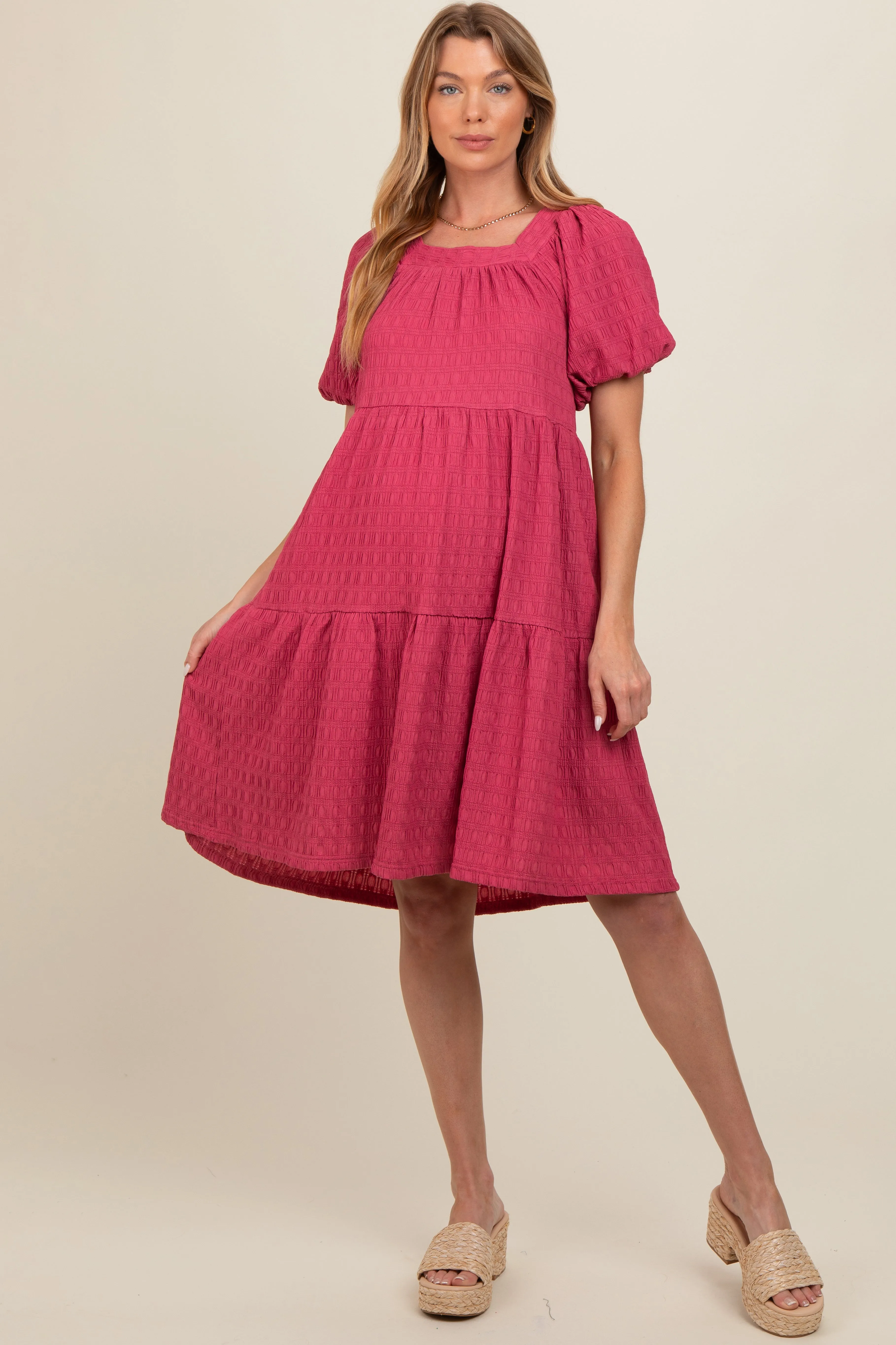 Pink Textured Tiered Puff Sleeve Maternity Dress sold by Pinkblush product image thumbnail 2