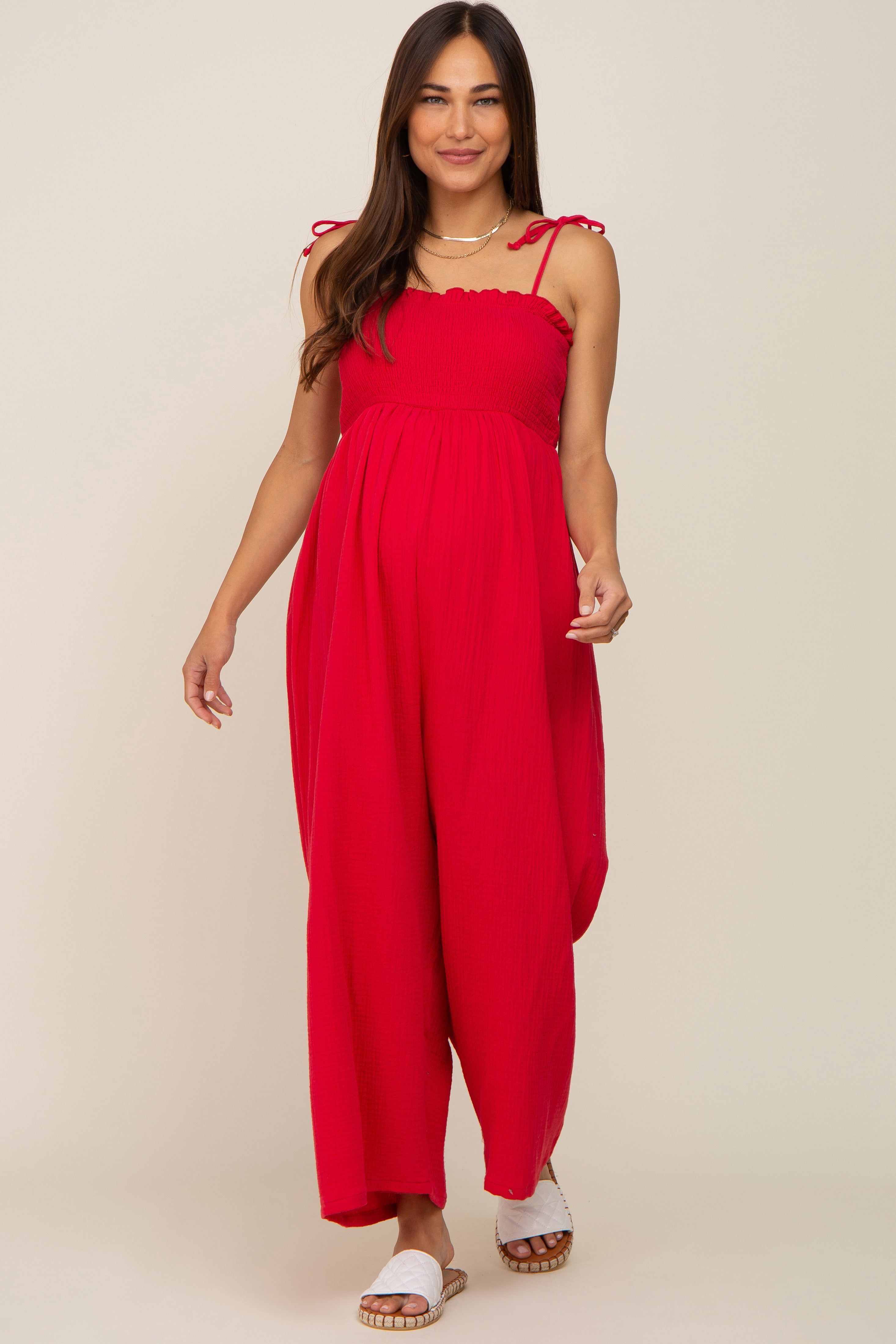 Red Sleeveless Cropped Maternity Jumpsuit sold by Pinkblush product image thumbnail 2