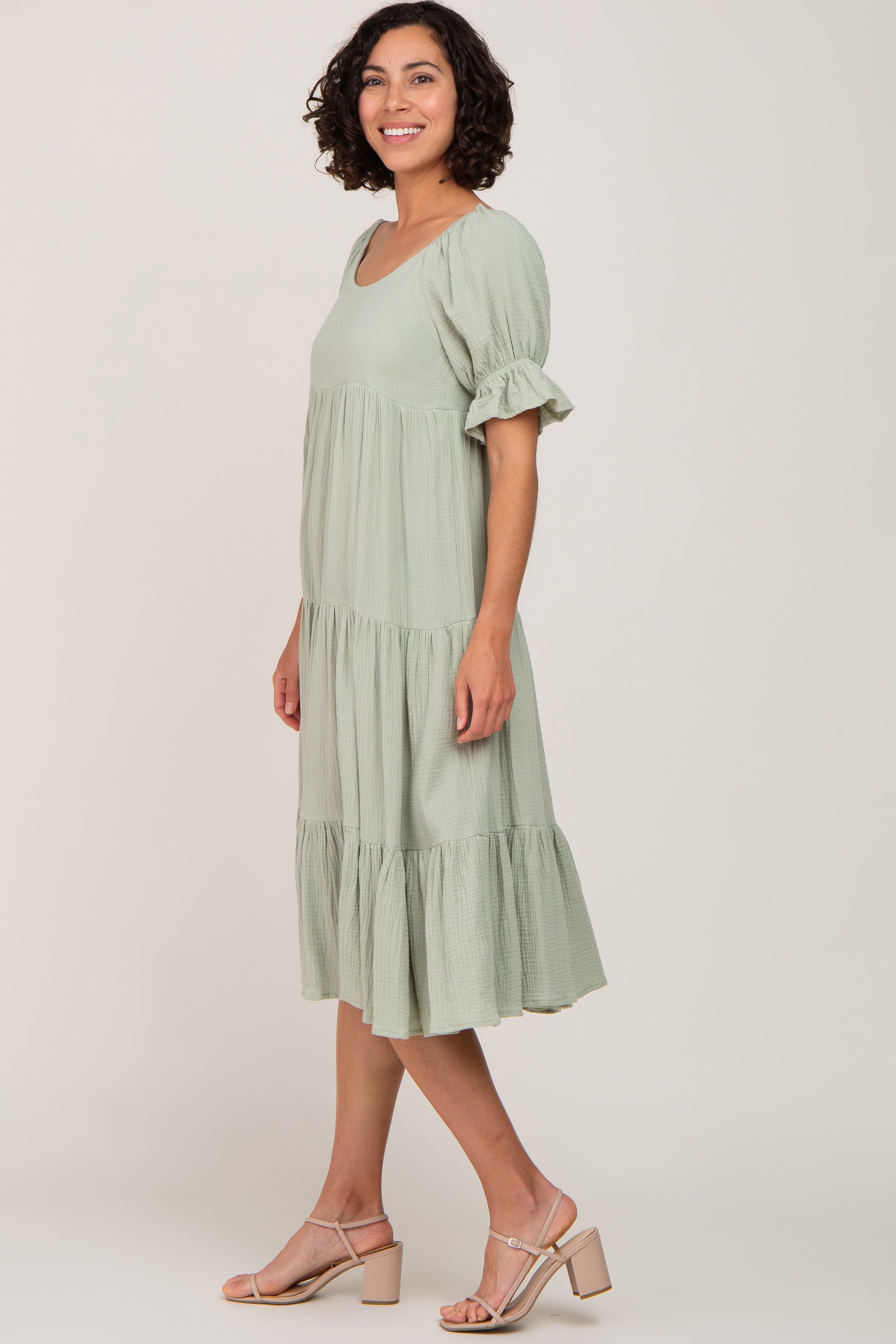 Mint Green Puff Sleeve Tiered Midi Dress sold by Pinkblush product image thumbnail 2