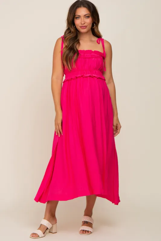 Fuchsia Shirred Shoulder Tie Maternity Midi Dress sold by Pinkblush