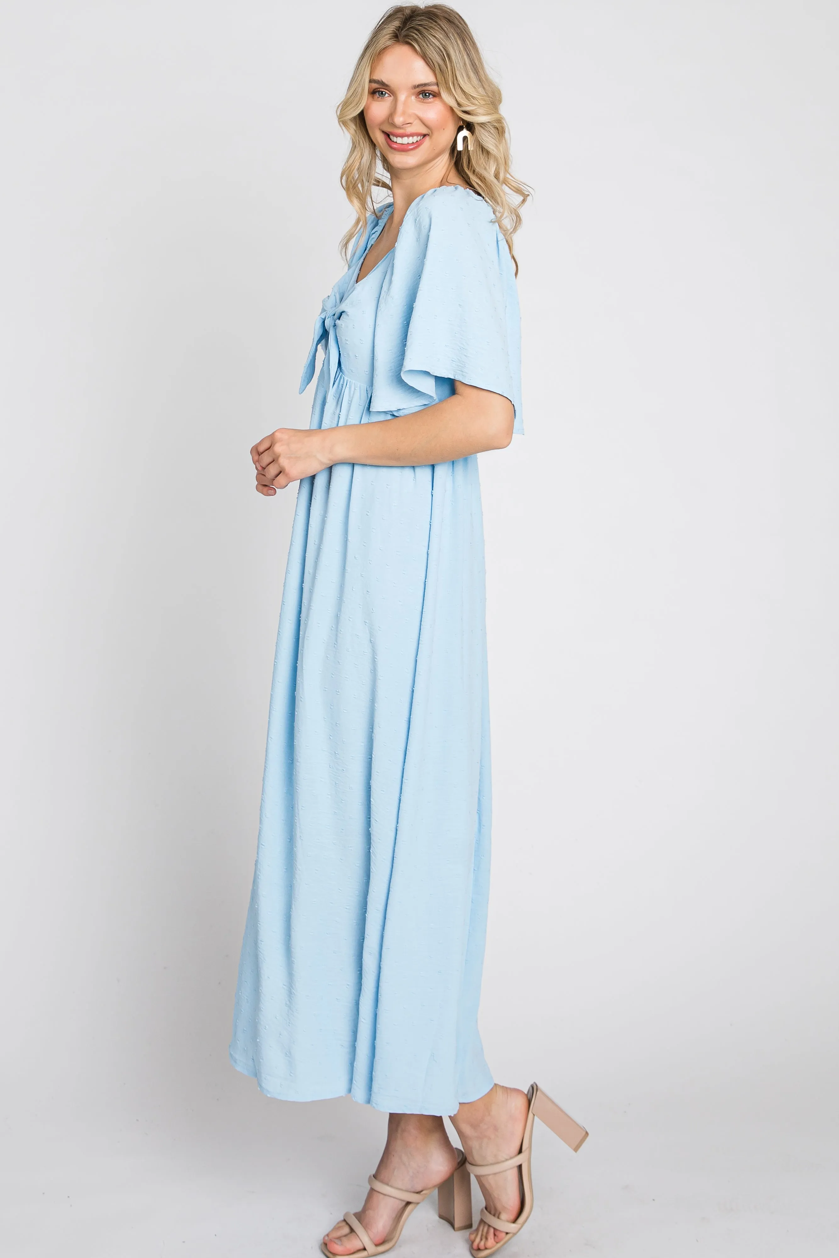 Light Blue Textured Dot Front Tie Ruffle Sleeve Midi Dress sold by Pinkblush product image thumbnail 5