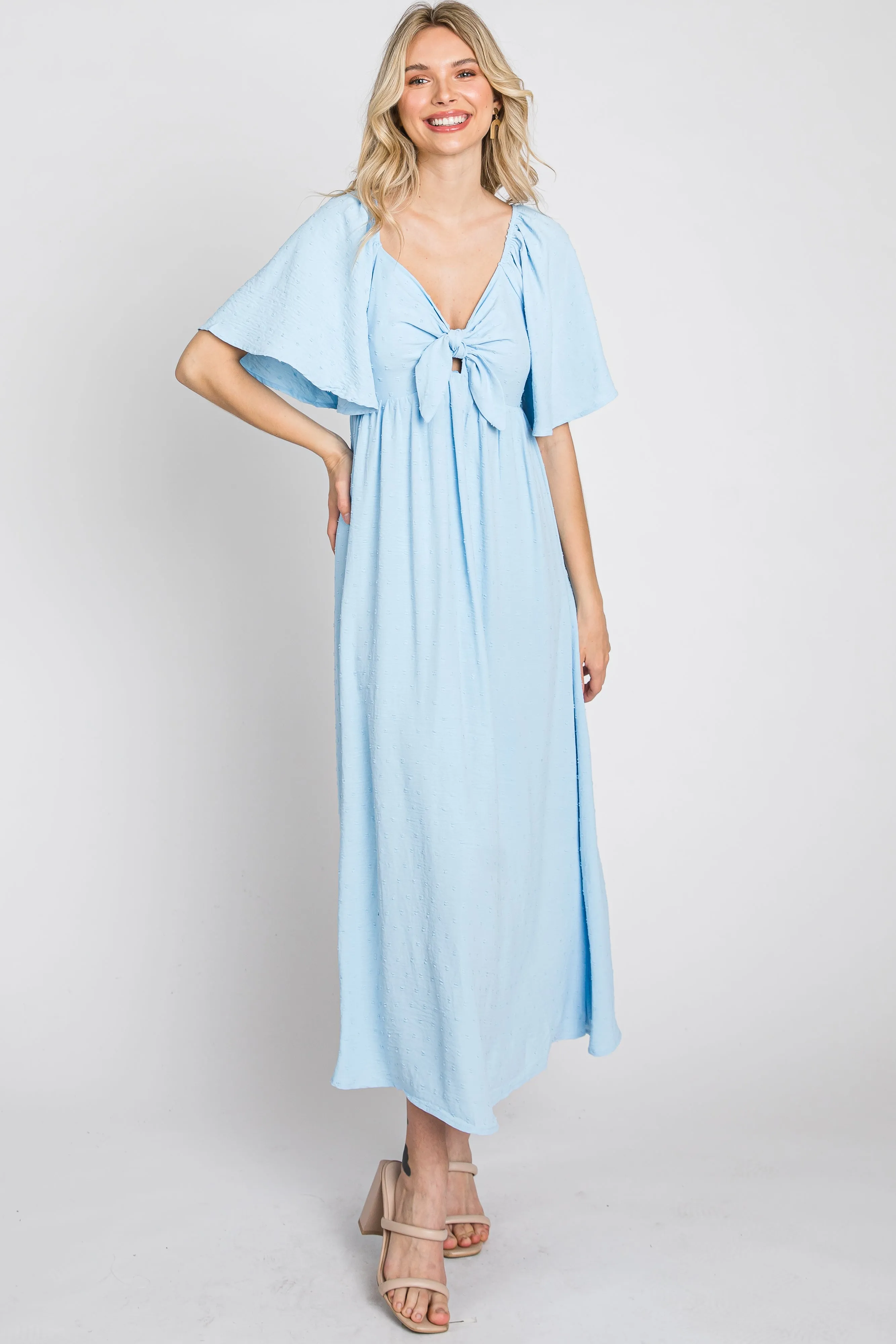 Light Blue Textured Dot Front Tie Ruffle Sleeve Midi Dress sold by Pinkblush product image thumbnail 3