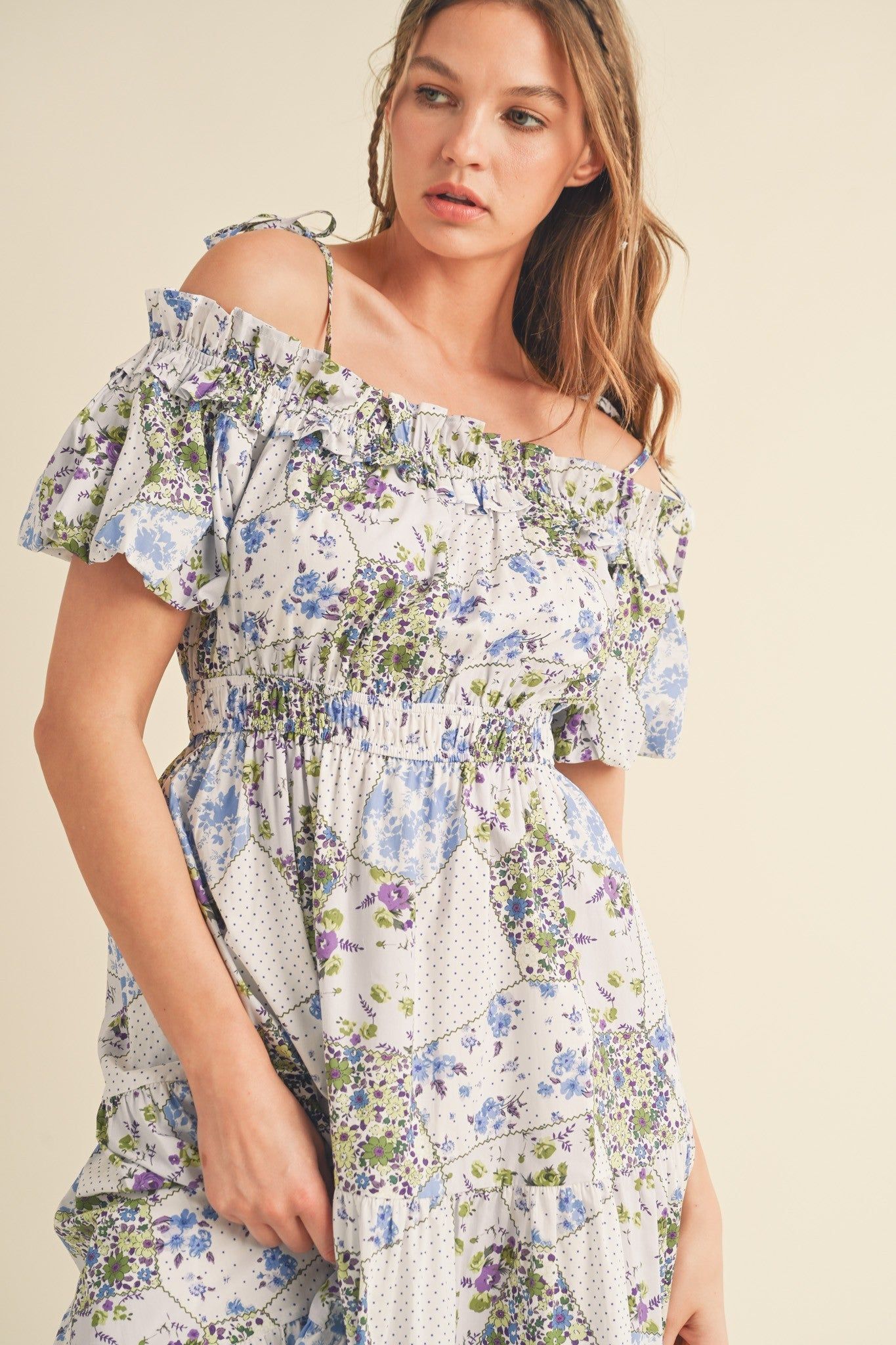 Blue Multi Floral Off Shoulder Tie Strap Midi Dress sold by Pinkblush product image thumbnail 4