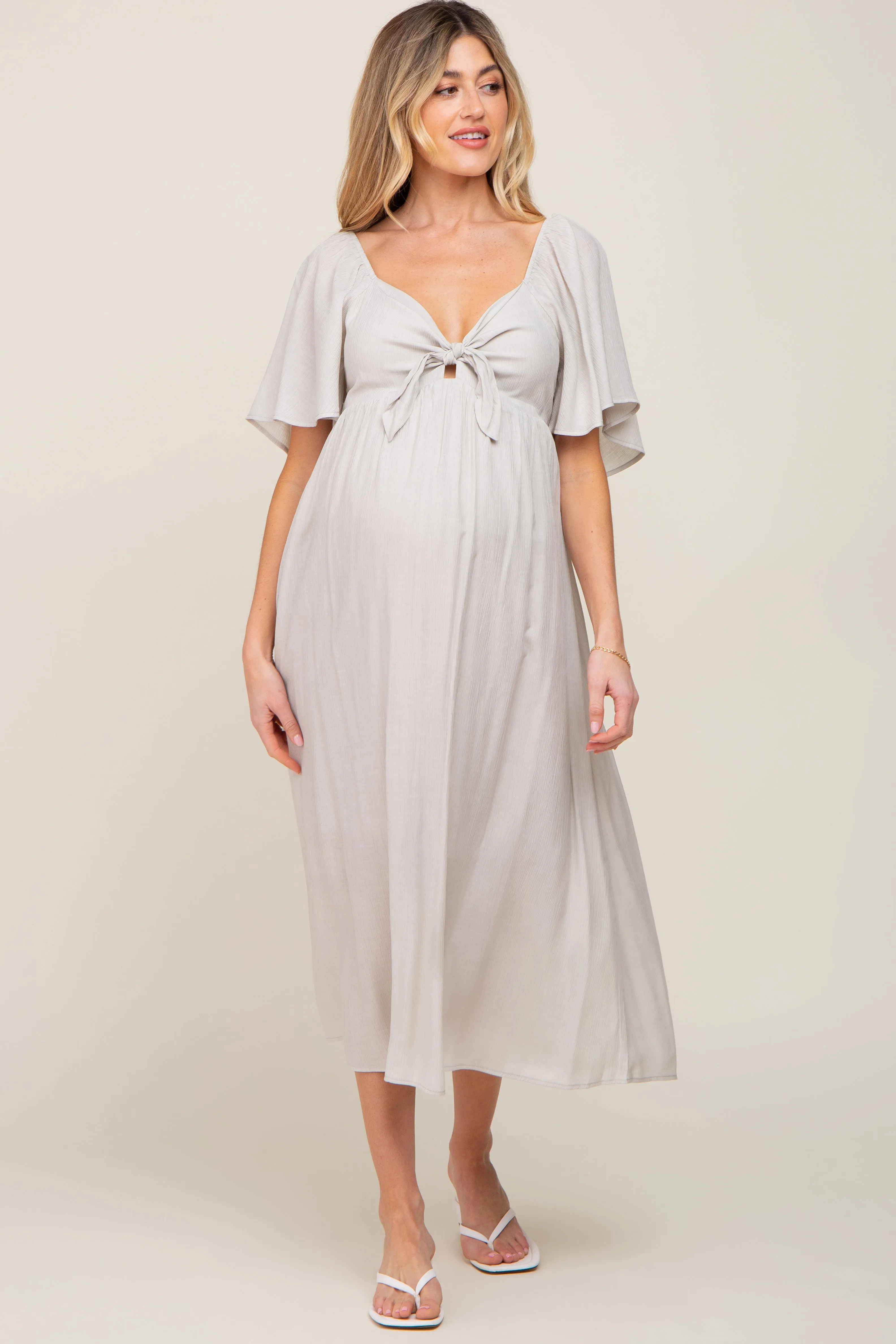 Grey Front Tie Ruffle Sleeve Maternity Midi Dress sold by Pinkblush product image thumbnail 5