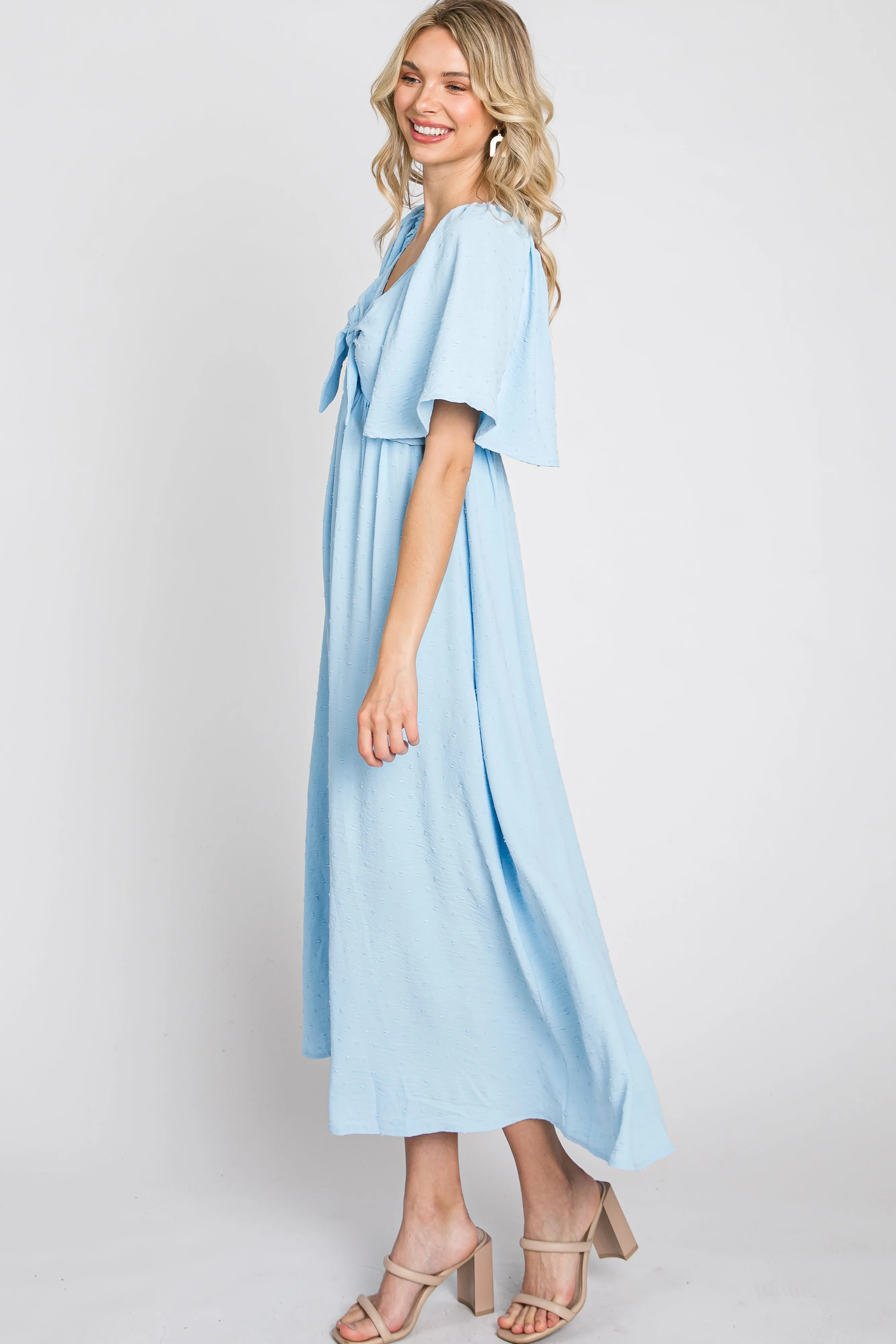Light Blue Textured Dot Front Tie Ruffle Sleeve Midi Dress sold by Pinkblush product image thumbnail 4