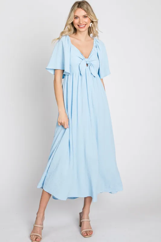 Light Blue Textured Dot Front Tie Ruffle Sleeve Midi Dress sold by Pinkblush