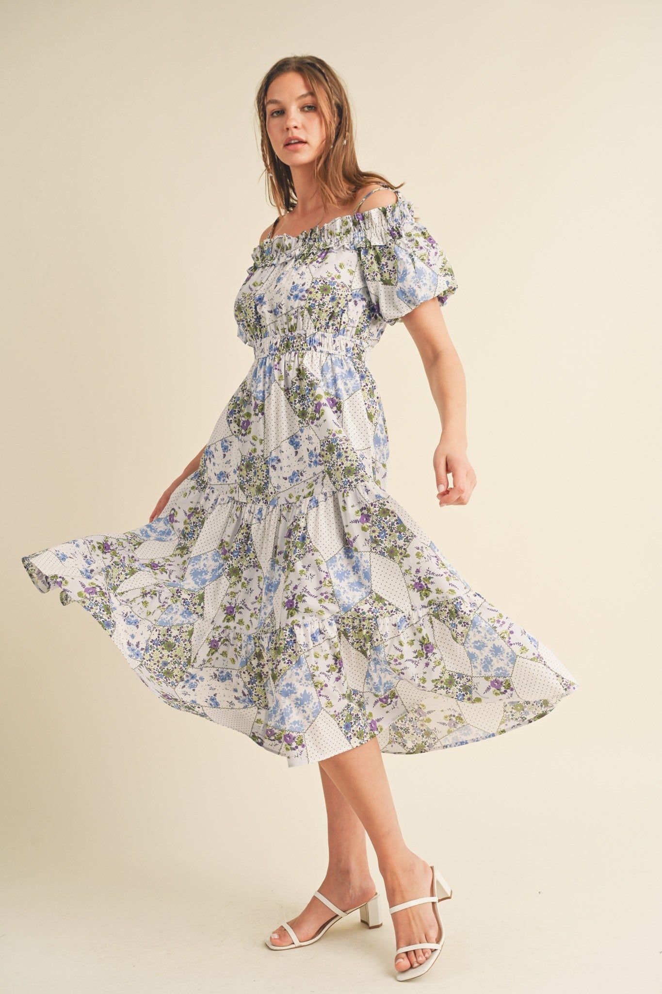 Blue Multi Floral Off Shoulder Tie Strap Midi Dress sold by Pinkblush product image thumbnail 2