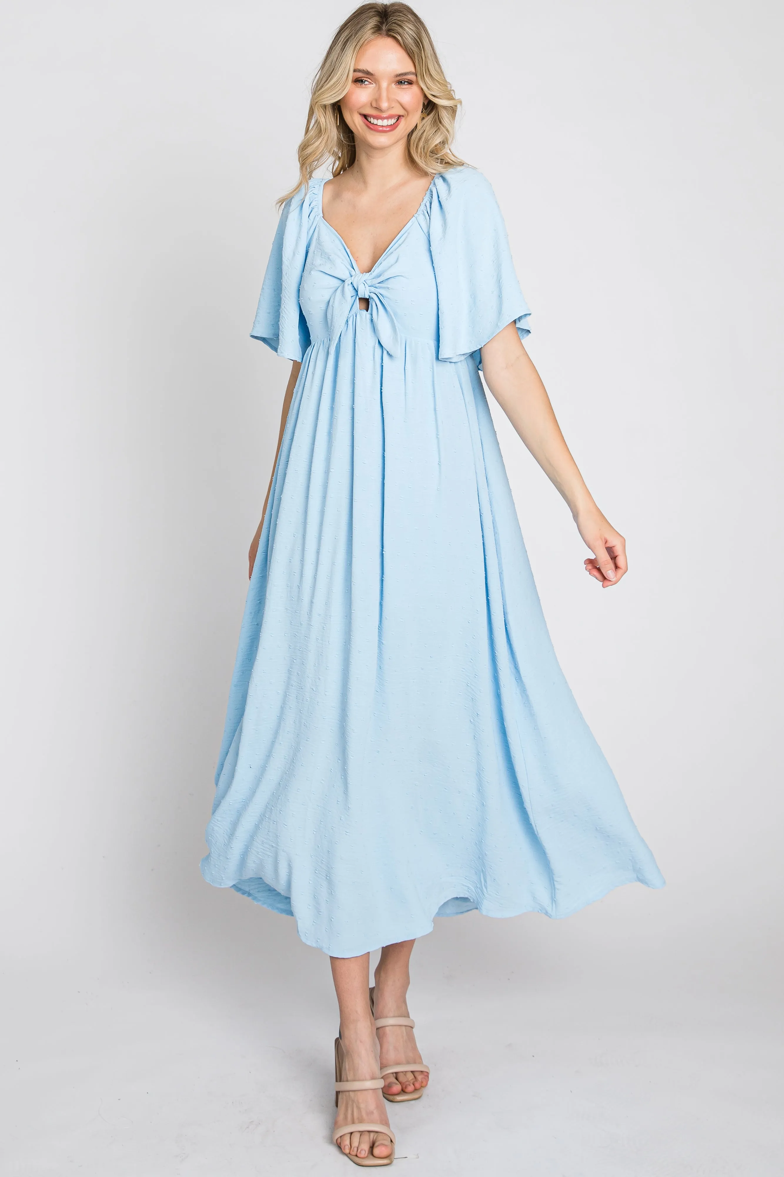 Light Blue Textured Dot Front Tie Ruffle Sleeve Midi Dress sold by Pinkblush product image thumbnail 2