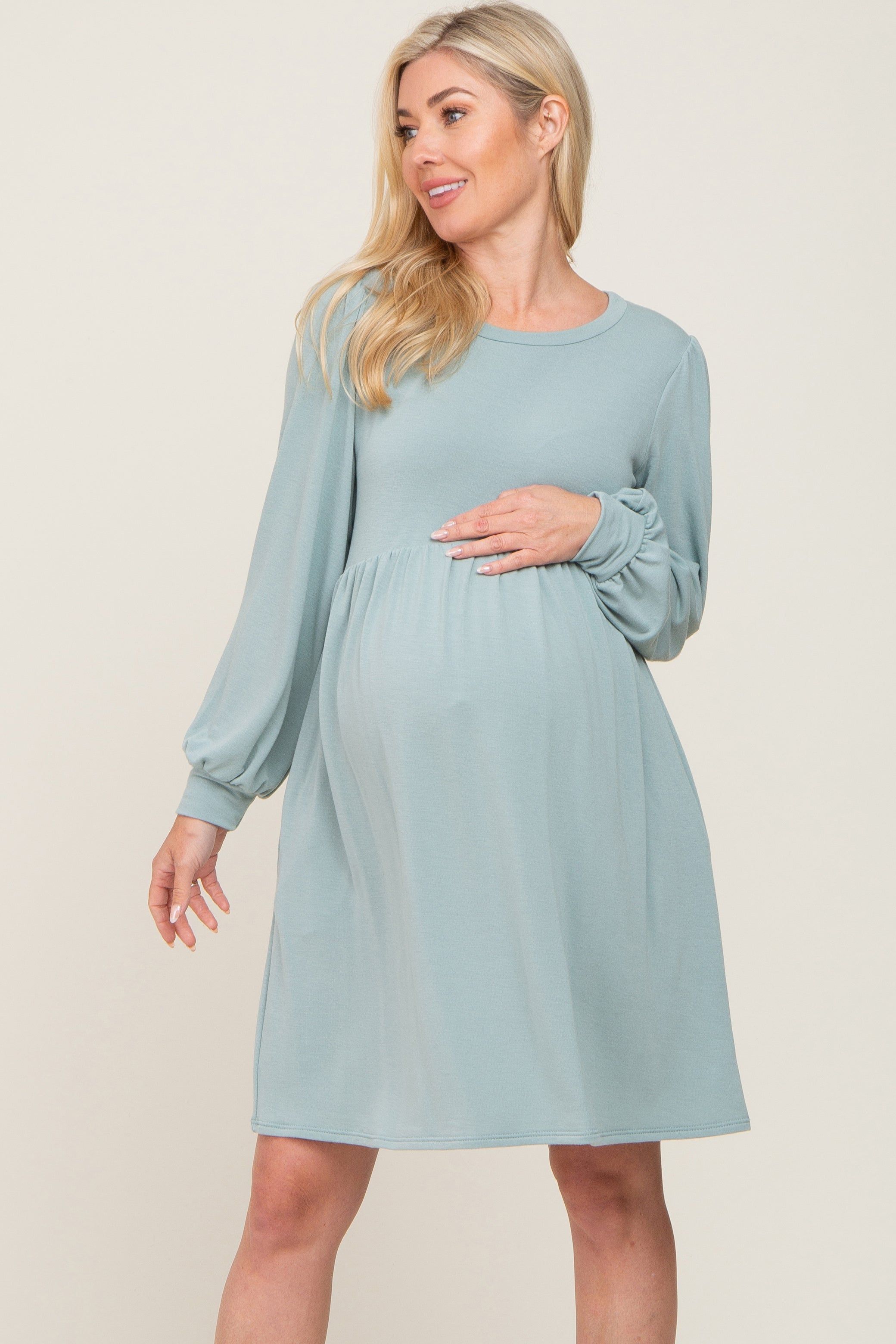 Sage Terry Knit Long Sleeve Maternity Dress sold by Pinkblush