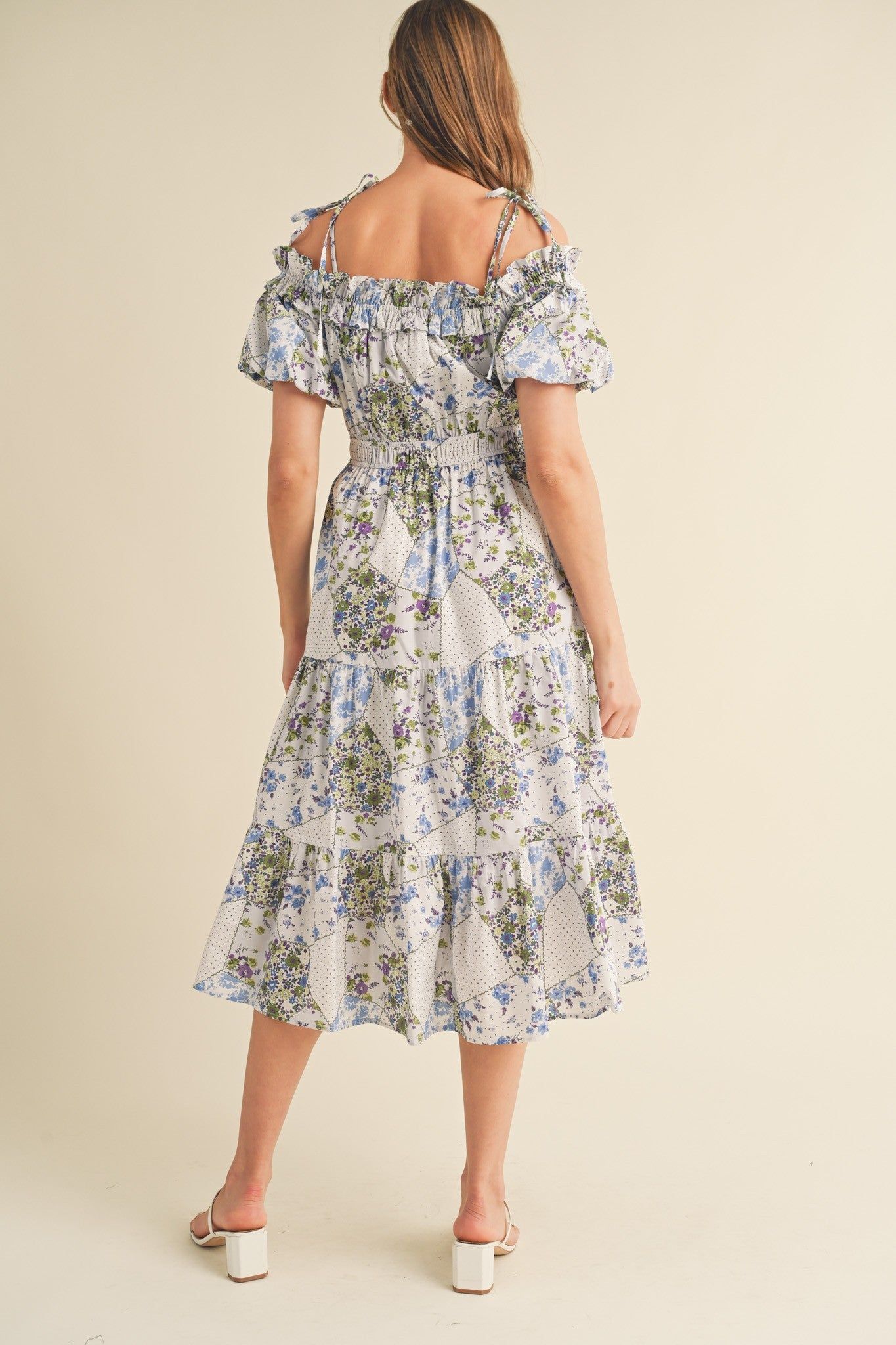 Blue Multi Floral Off Shoulder Tie Strap Midi Dress sold by Pinkblush product image thumbnail 3