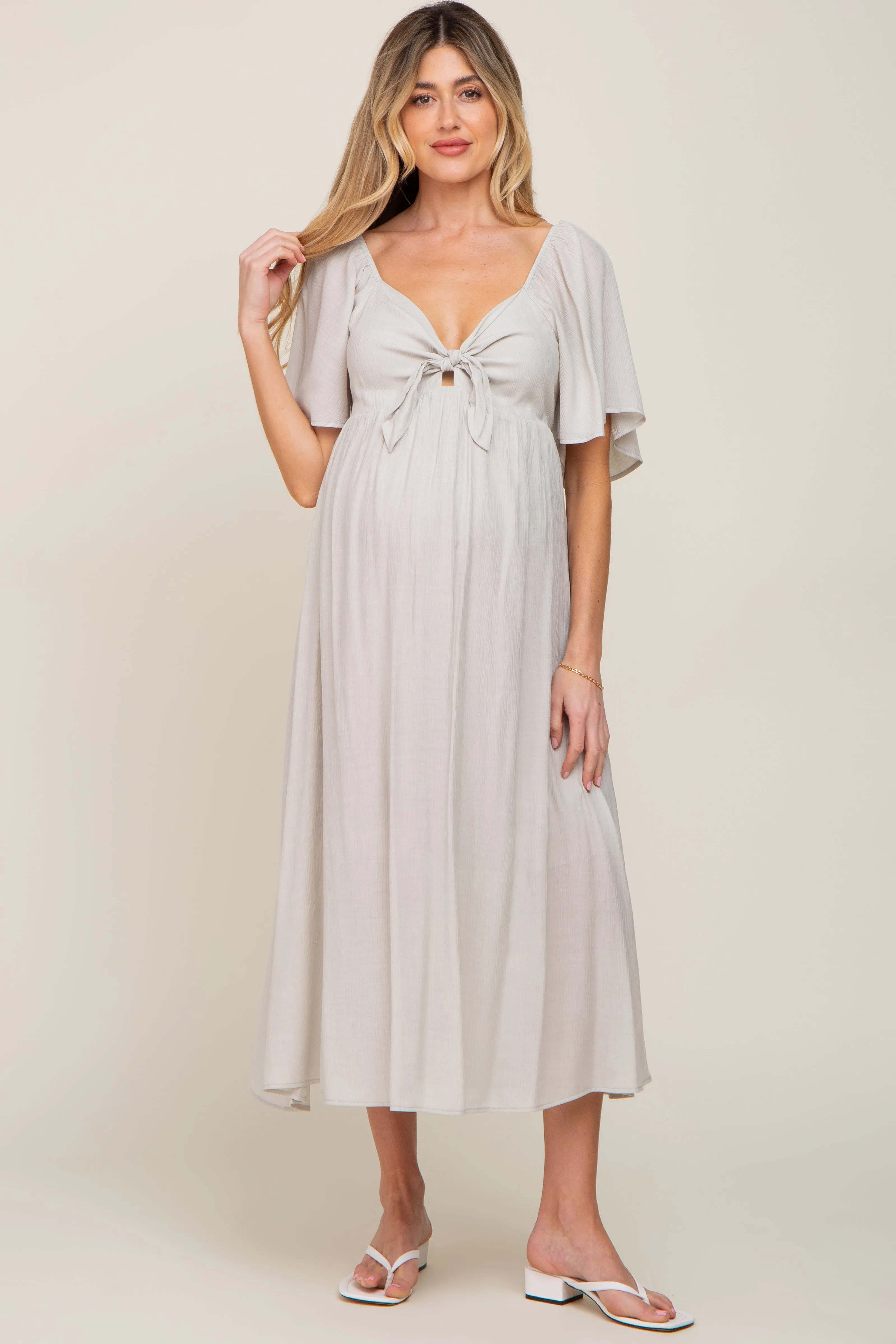 Grey Front Tie Ruffle Sleeve Maternity Midi Dress sold by Pinkblush product image thumbnail 4