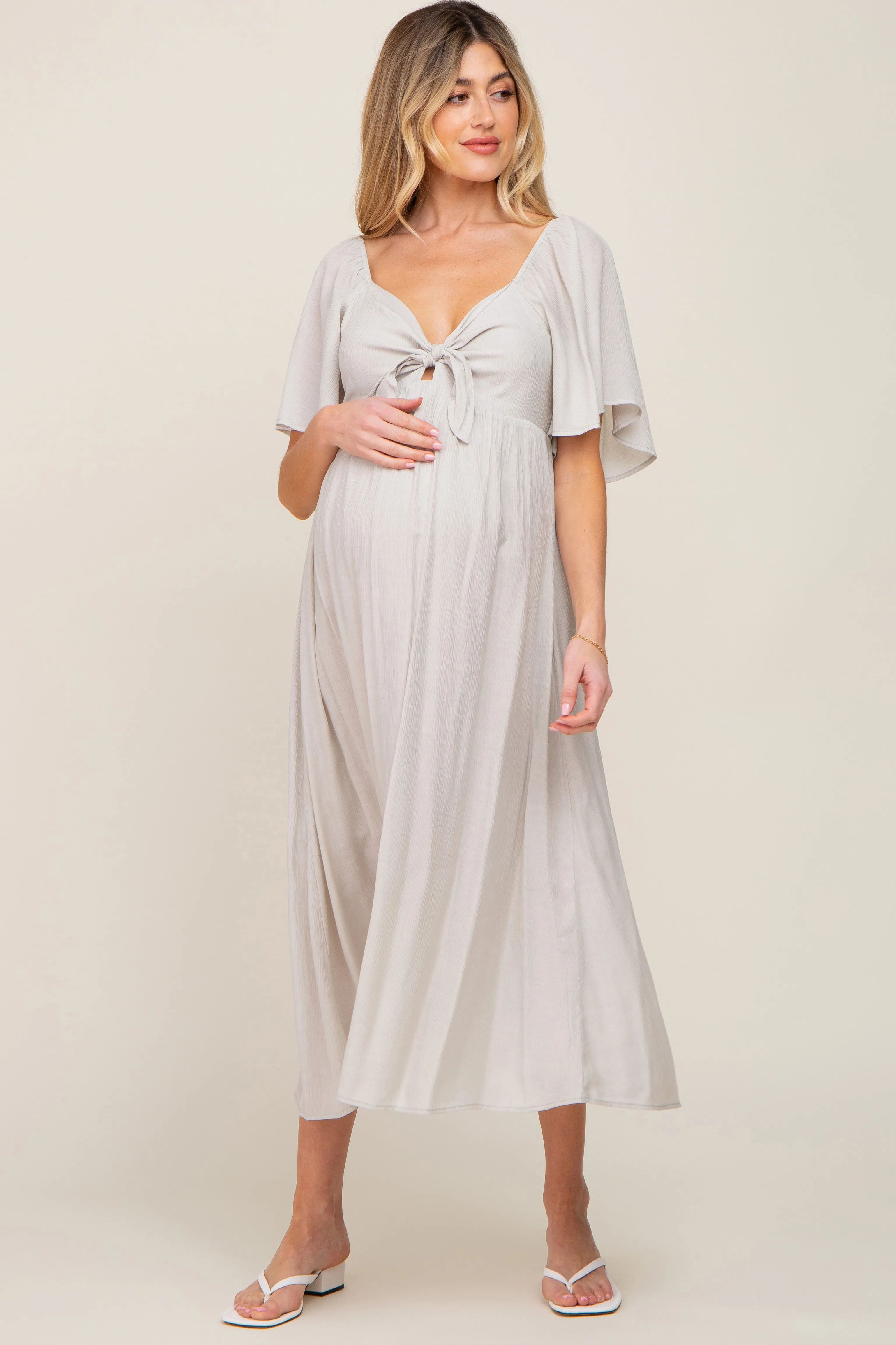 Grey Front Tie Ruffle Sleeve Maternity Midi Dress sold by Pinkblush